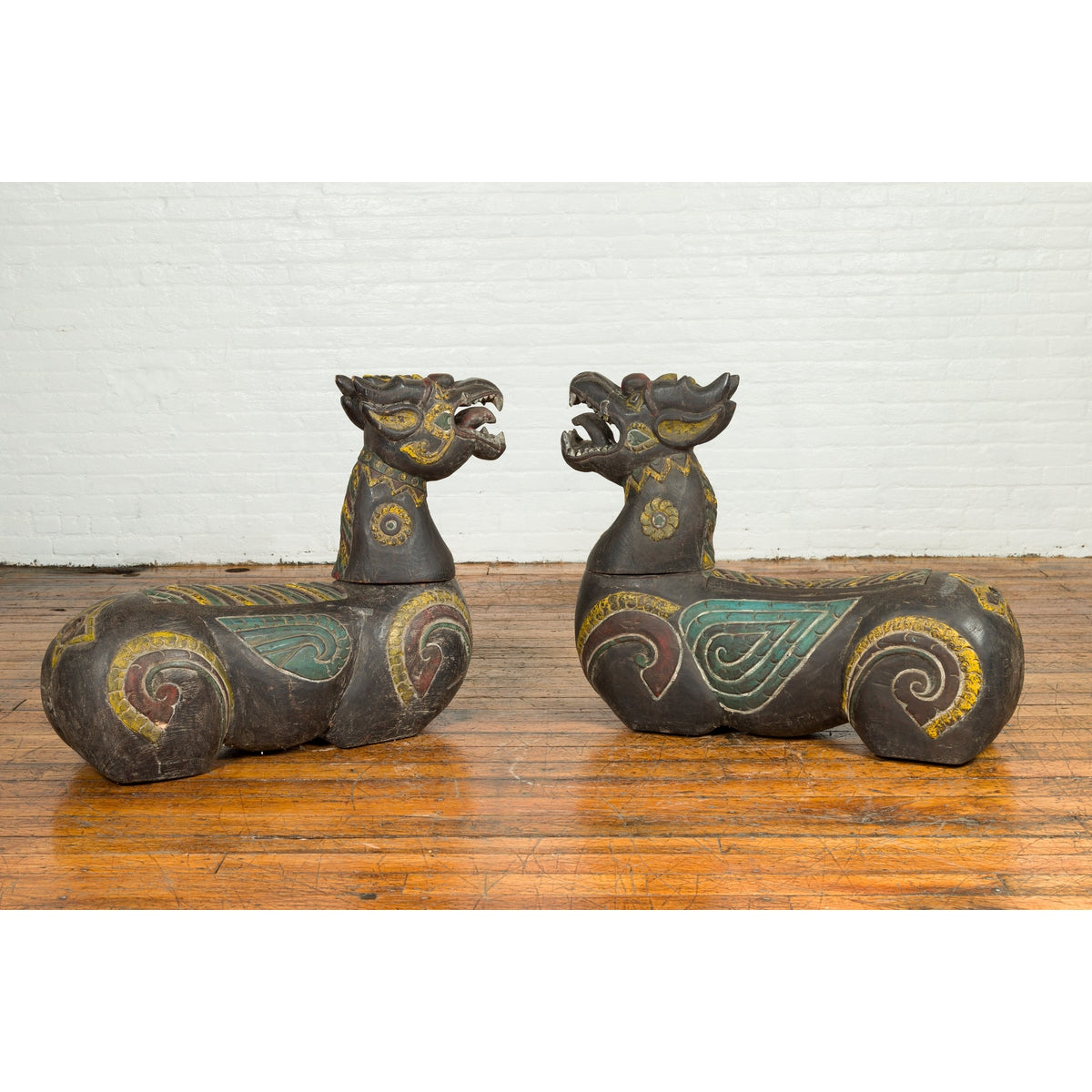 Pair of Antique Northern Thai Carved and Polychrome Mythical Guardian Animals-17. Asian & Chinese Furniture, Art, Antiques, Vintage Home Décor for sale at FEA Home