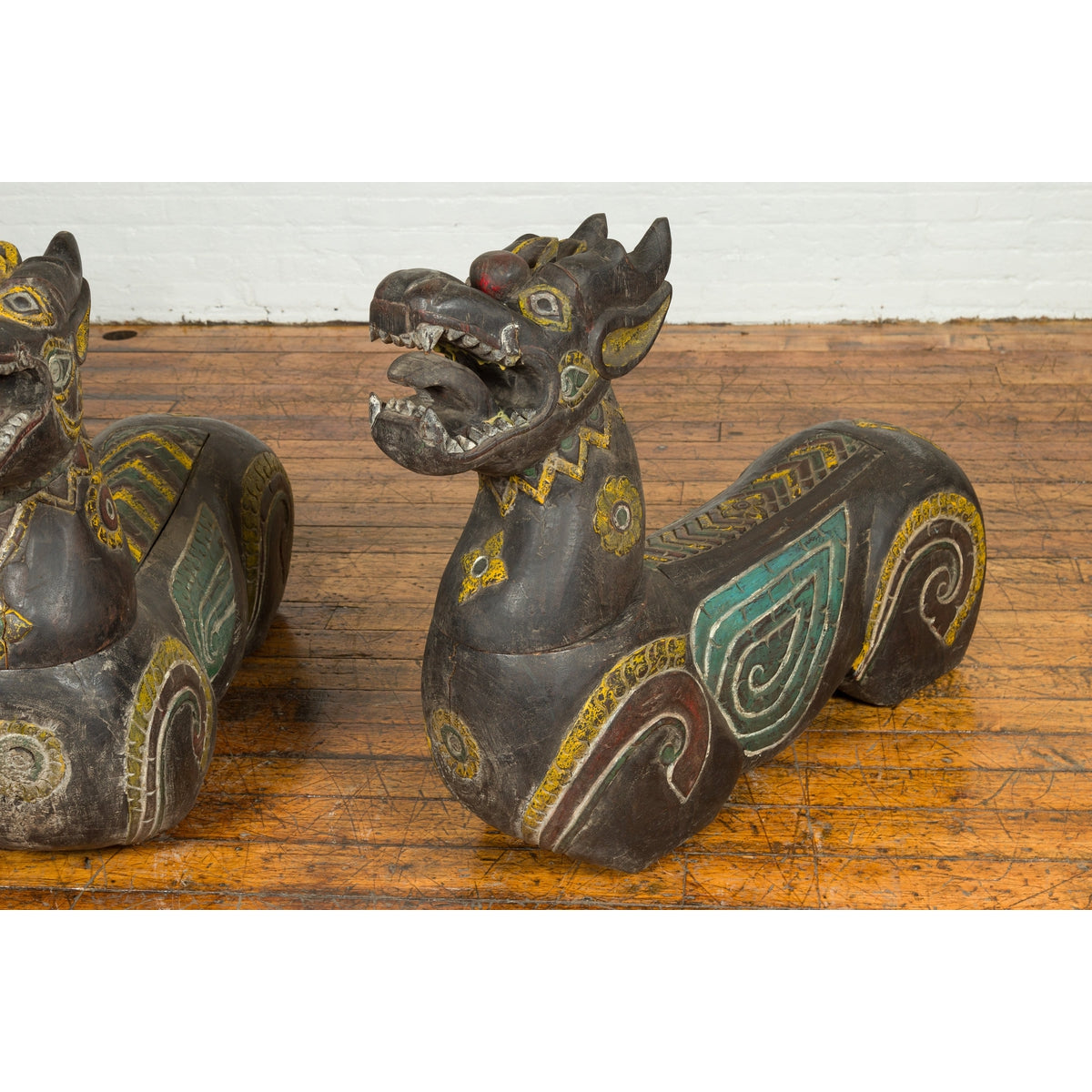 Pair of Antique Northern Thai Carved and Polychrome Mythical Guardian Animals-5. Asian & Chinese Furniture, Art, Antiques, Vintage Home Décor for sale at FEA Home