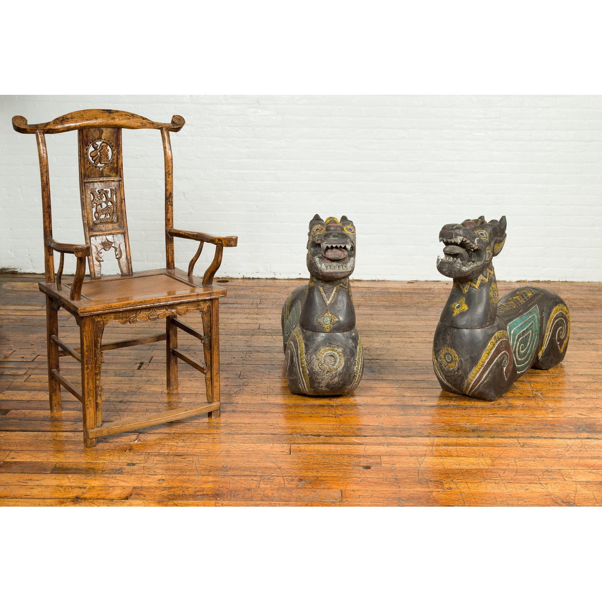 Pair of Antique Northern Thai Carved and Polychrome Mythical Guardian Animals-3. Asian & Chinese Furniture, Art, Antiques, Vintage Home Décor for sale at FEA Home