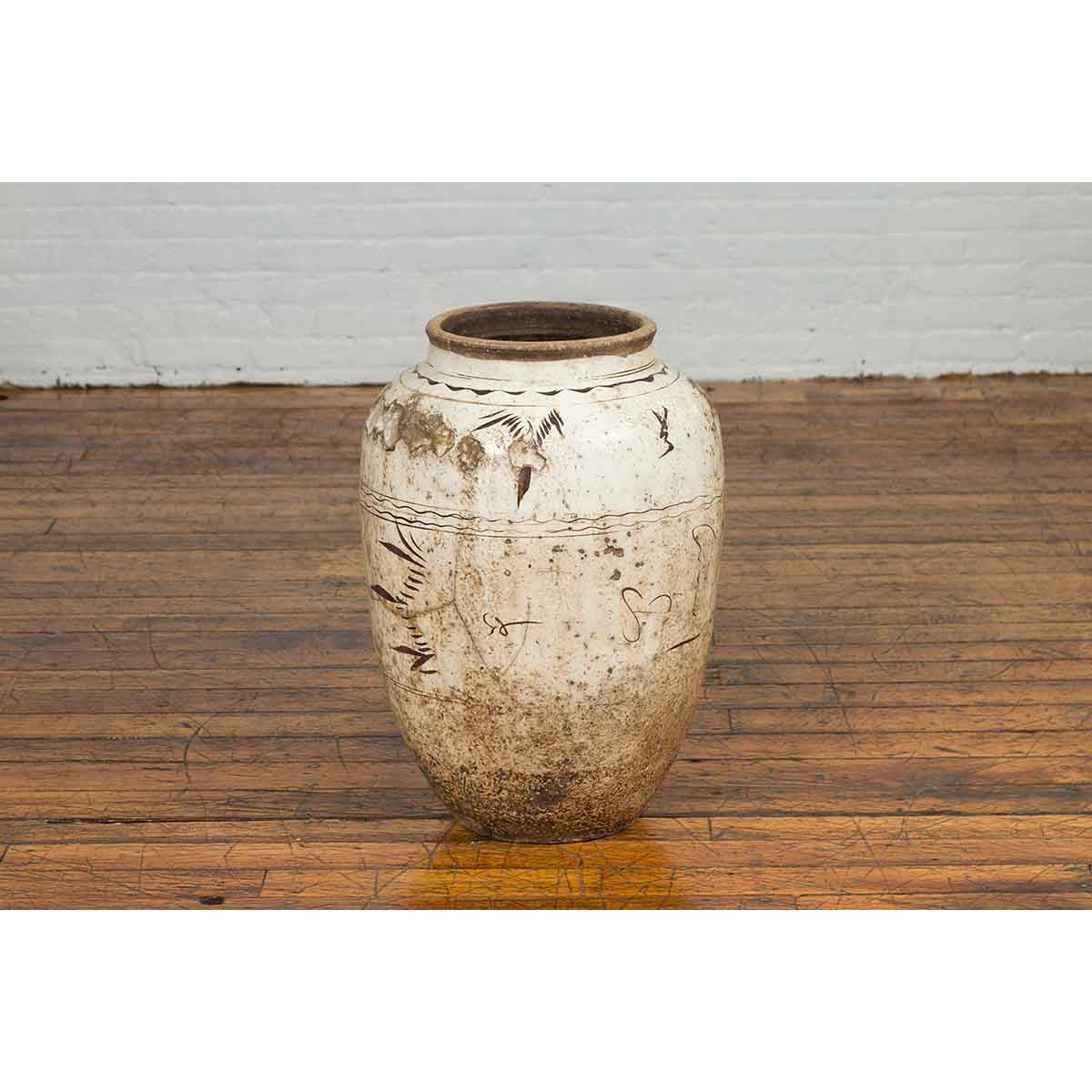 Thai Sawankhalok 1850s Exterior Water Jar with Distressed White Patina-10. Asian & Chinese Furniture, Art, Antiques, Vintage Home Décor for sale at FEA Home