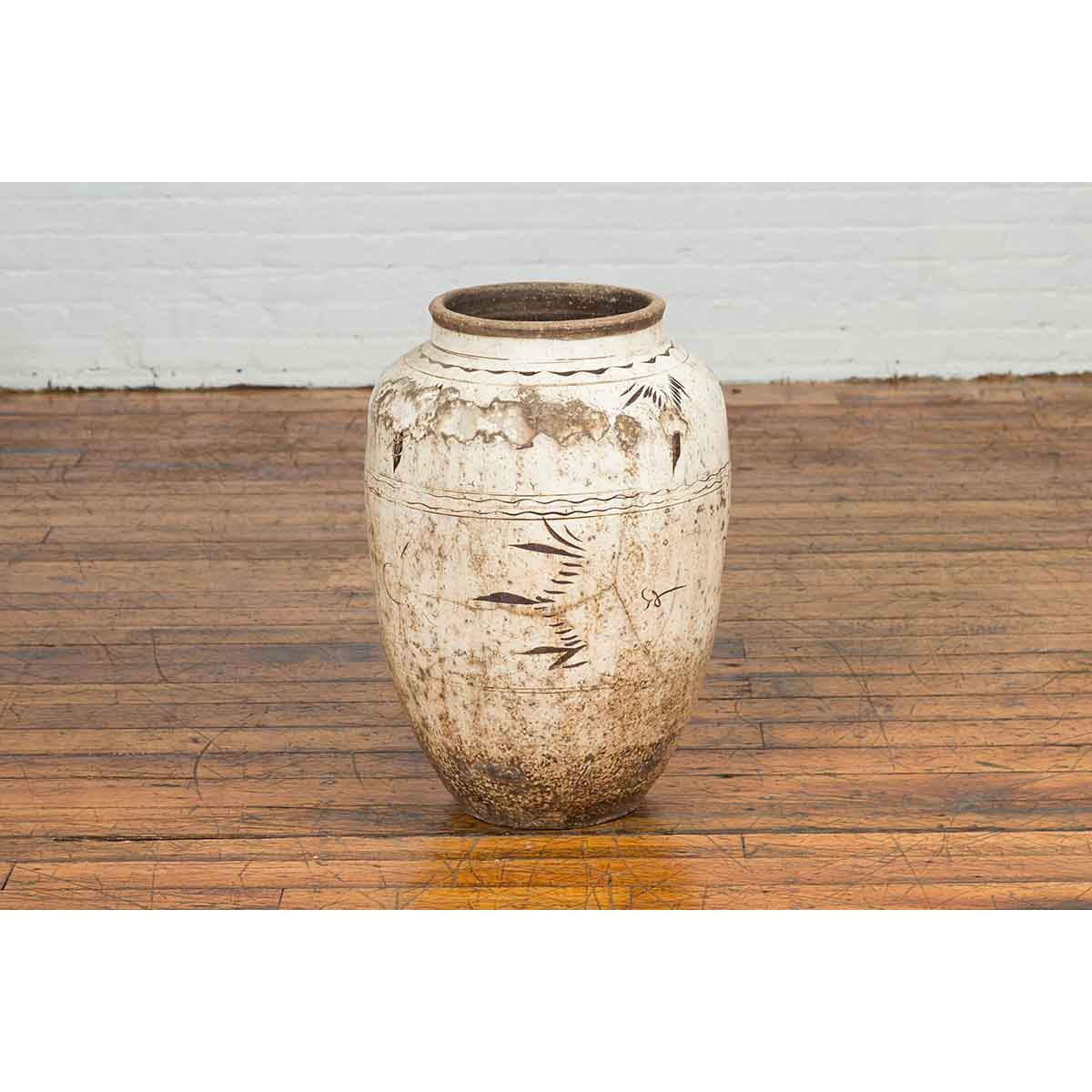 Thai Sawankhalok 1850s Exterior Water Jar with Distressed White Patina-4. Asian & Chinese Furniture, Art, Antiques, Vintage Home Décor for sale at FEA Home