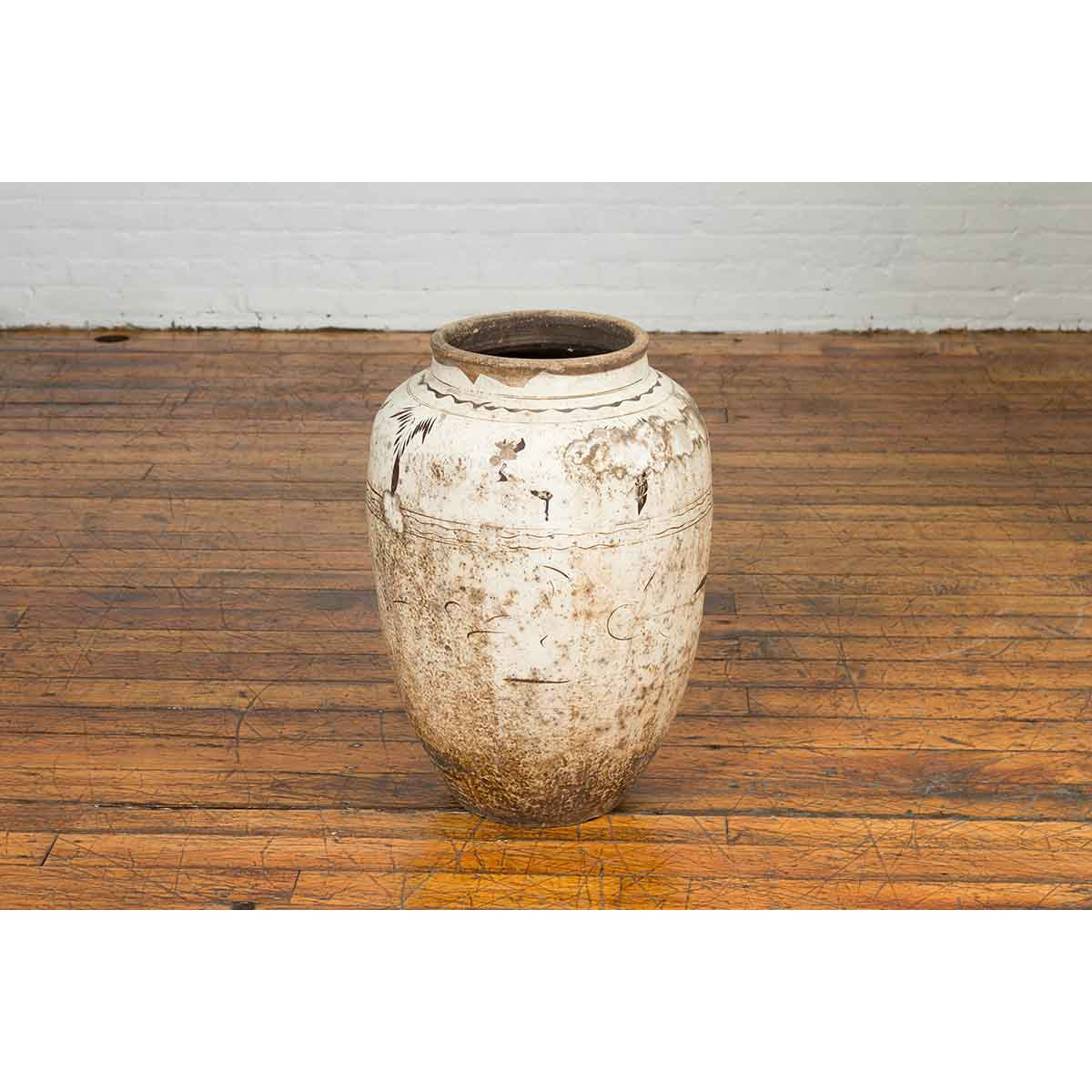 Thai Sawankhalok 1850s Exterior Water Jar with Distressed White Patina-9. Asian & Chinese Furniture, Art, Antiques, Vintage Home Décor for sale at FEA Home