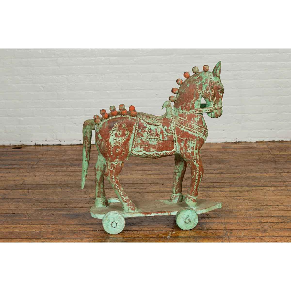 Handmade Vintage Indian Temple Horse Toy on Wheels from Madras with Spheres-11. Asian & Chinese Furniture, Art, Antiques, Vintage Home Décor for sale at FEA Home