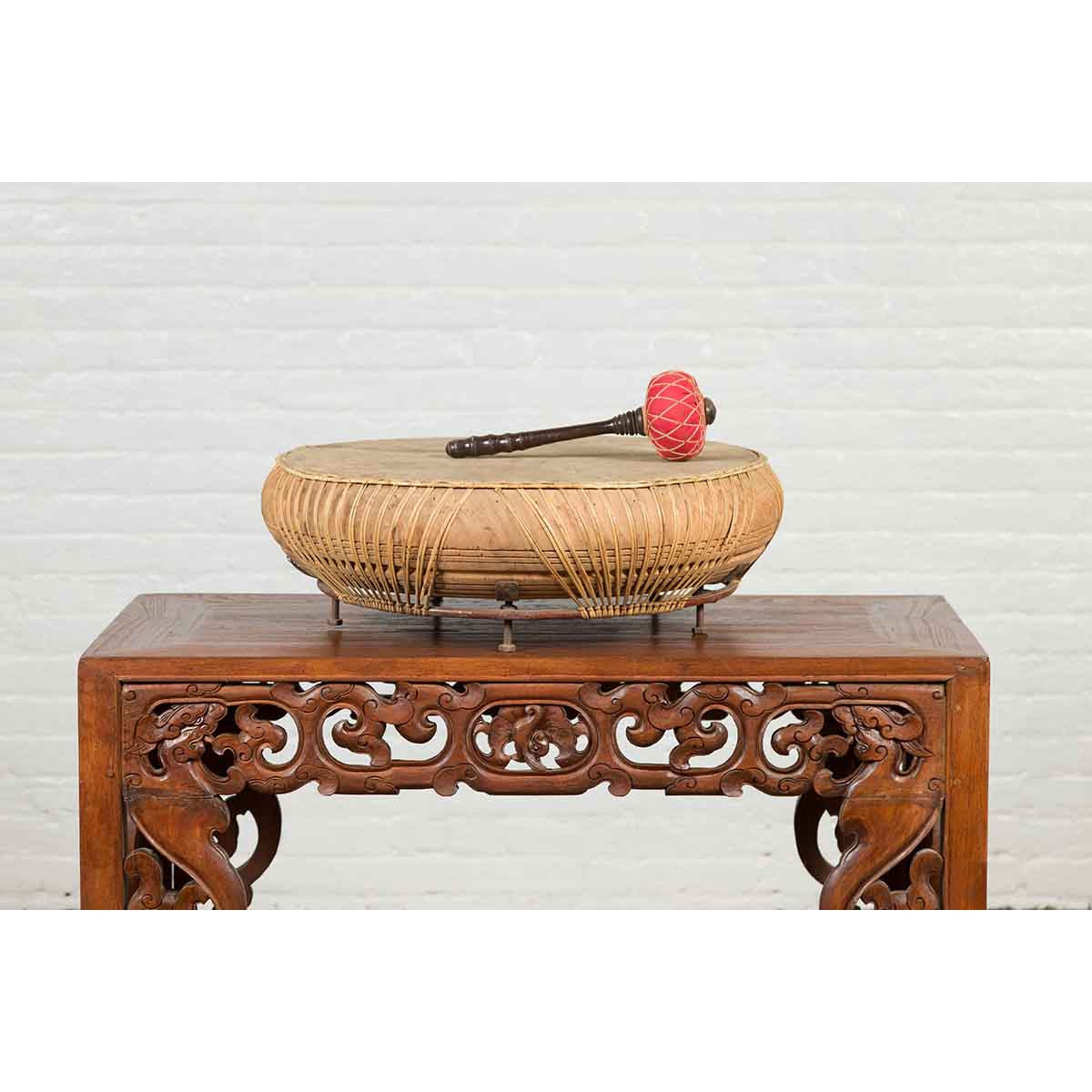 Chinese Qing Dynasty Period 19th Century Leather Drum with Its Wooden Mallet-6. Asian & Chinese Furniture, Art, Antiques, Vintage Home Décor for sale at FEA Home