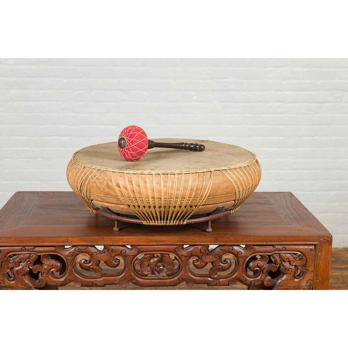 Chinese Qing Dynasty Period 19th Century Leather Drum with Its Wooden Mallet-3. Asian & Chinese Furniture, Art, Antiques, Vintage Home Décor for sale at FEA Home