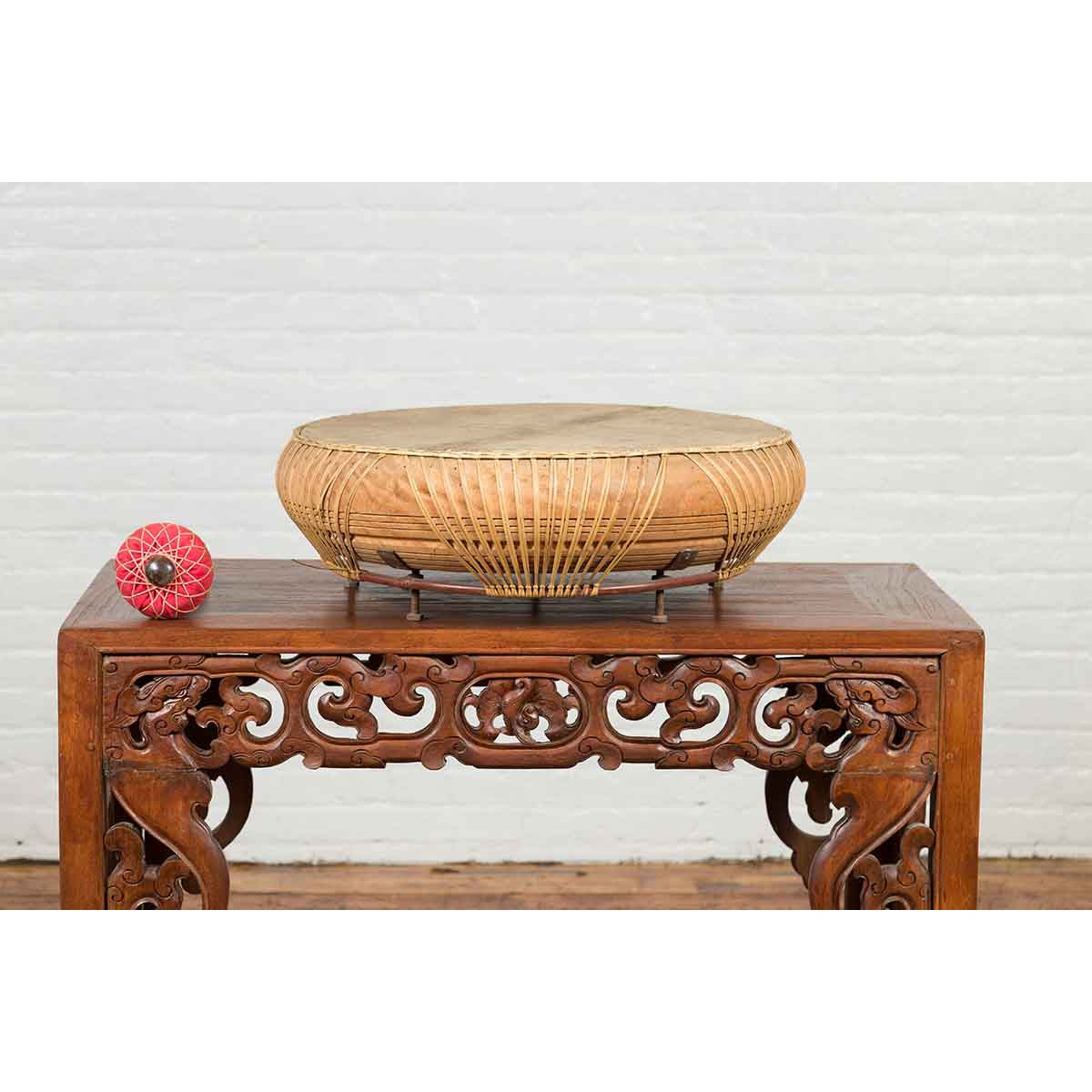 Chinese Qing Dynasty Period 19th Century Leather Drum with Its Wooden Mallet-8. Asian & Chinese Furniture, Art, Antiques, Vintage Home Décor for sale at FEA Home