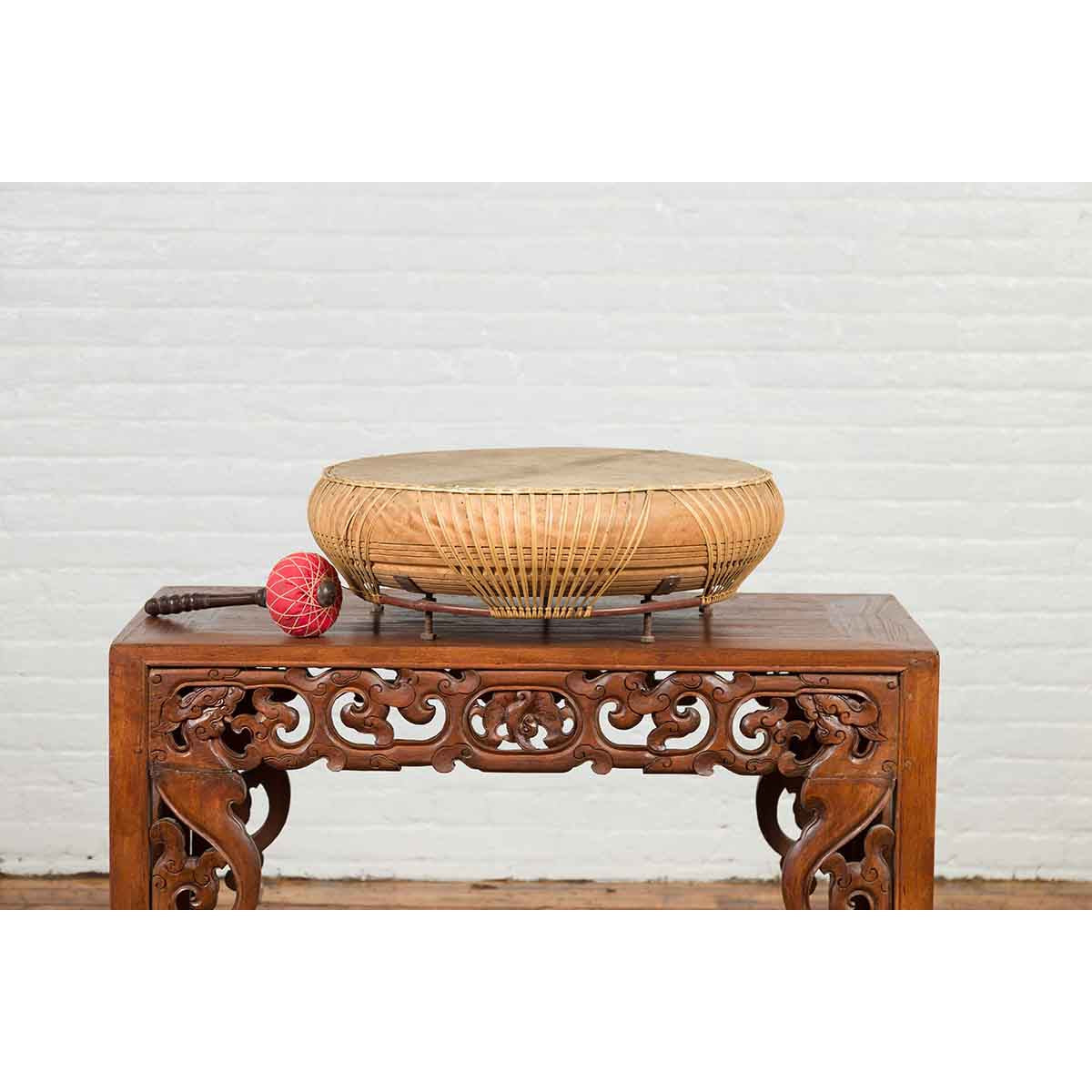 Chinese Qing Dynasty Period 19th Century Leather Drum with Its Wooden Mallet-9. Asian & Chinese Furniture, Art, Antiques, Vintage Home Décor for sale at FEA Home