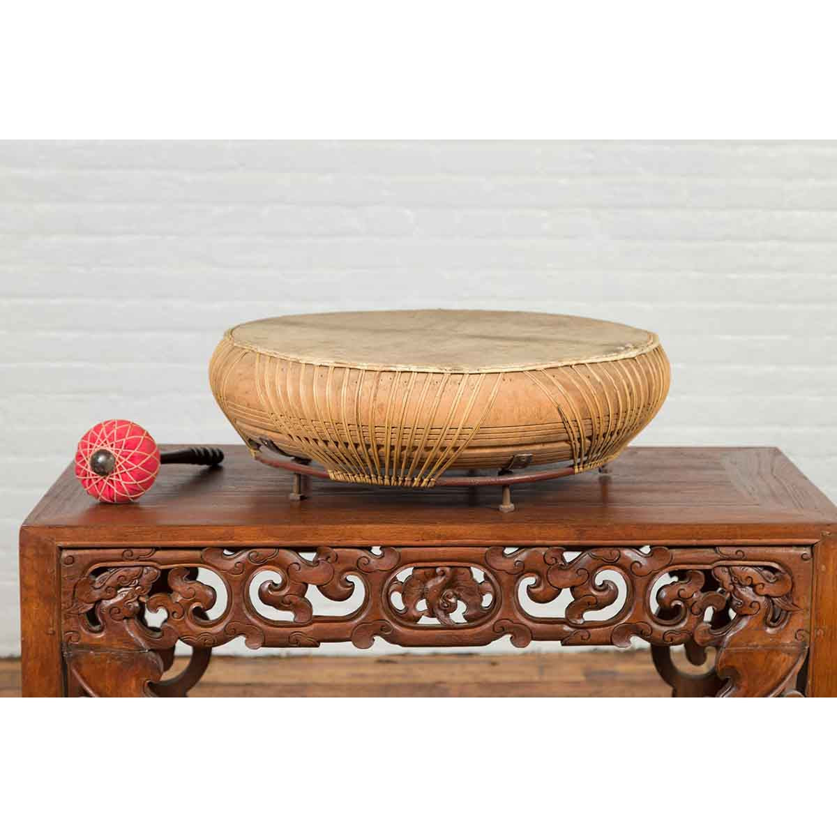 Chinese Qing Dynasty Period 19th Century Leather Drum with Its Wooden Mallet-10. Asian & Chinese Furniture, Art, Antiques, Vintage Home Décor for sale at FEA Home