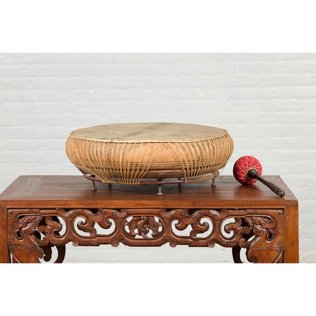 Chinese Qing Dynasty Period 19th Century Leather Drum with Its Wooden Mallet-11. Asian & Chinese Furniture, Art, Antiques, Vintage Home Décor for sale at FEA Home