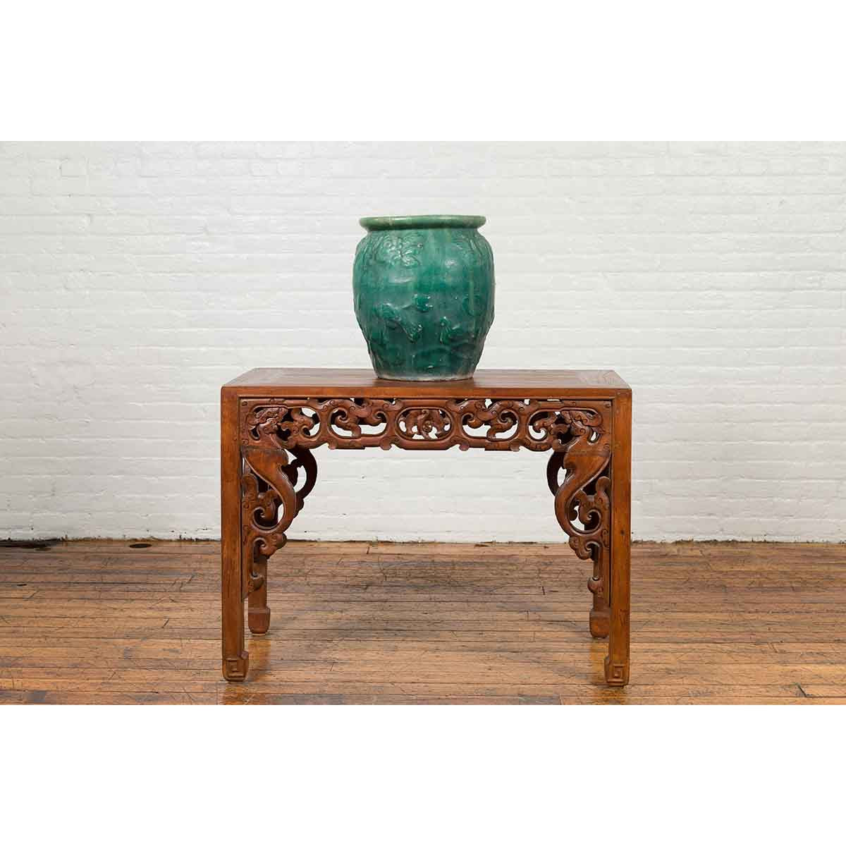 Chinese Vintage Green Glazed Vase with Raised Floral and Bird Motifs-7. Asian & Chinese Furniture, Art, Antiques, Vintage Home Décor for sale at FEA Home