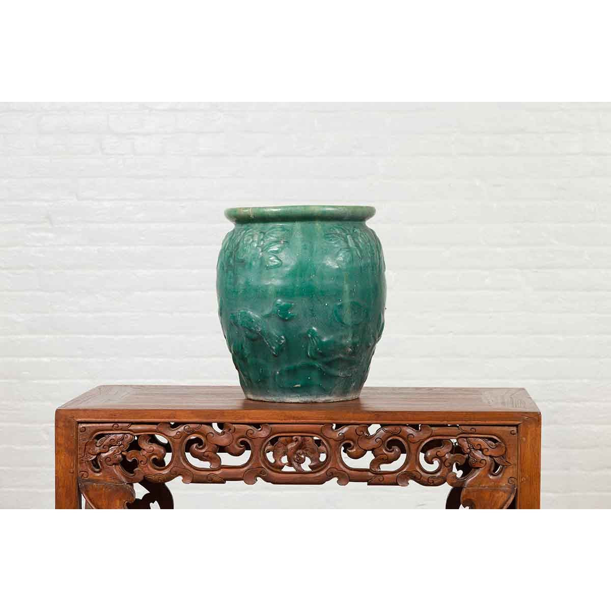 Chinese Vintage Green Glazed Vase with Raised Floral and Bird Motifs-12. Asian & Chinese Furniture, Art, Antiques, Vintage Home Décor for sale at FEA Home