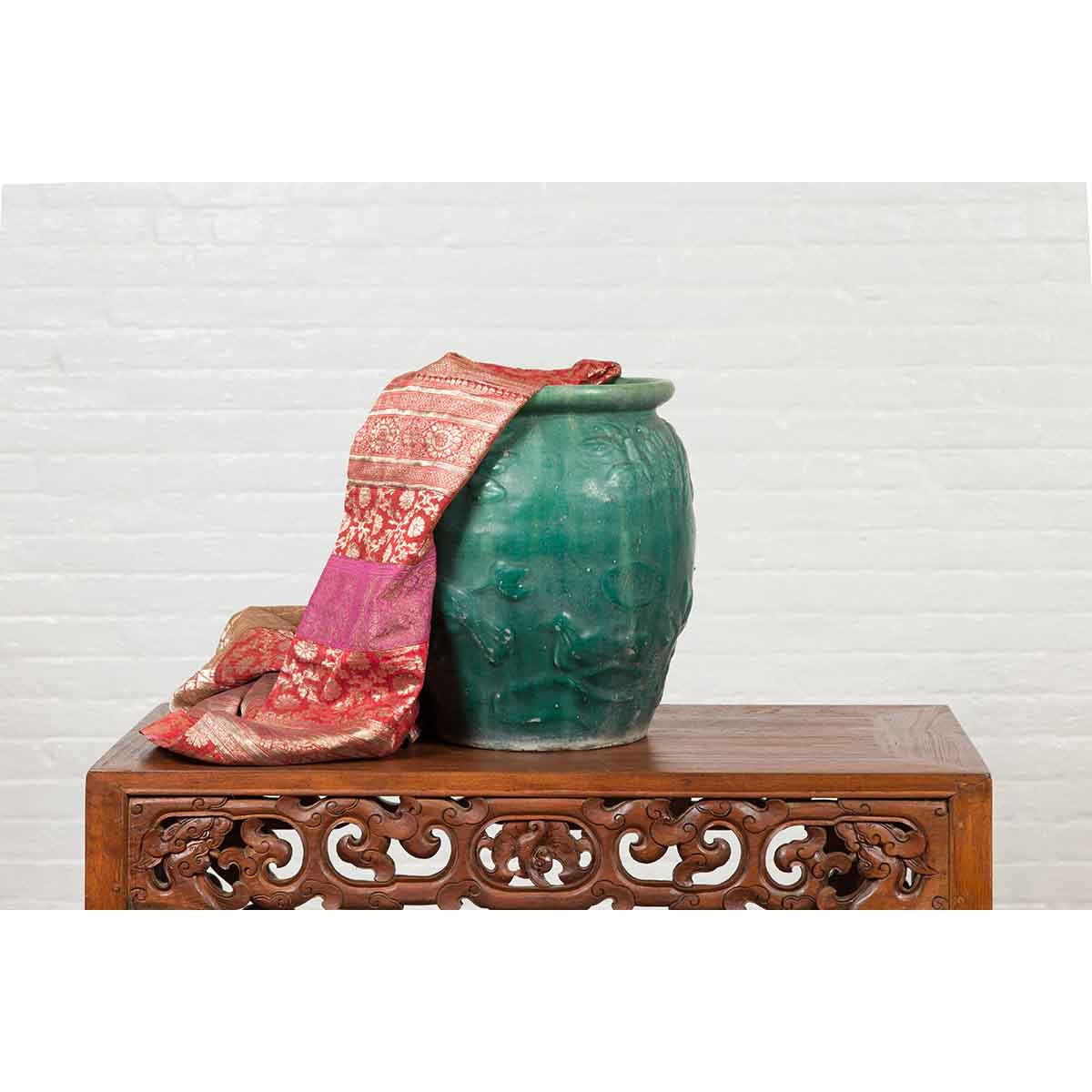Chinese Vintage Green Glazed Vase with Raised Floral and Bird Motifs-3. Asian & Chinese Furniture, Art, Antiques, Vintage Home Décor for sale at FEA Home