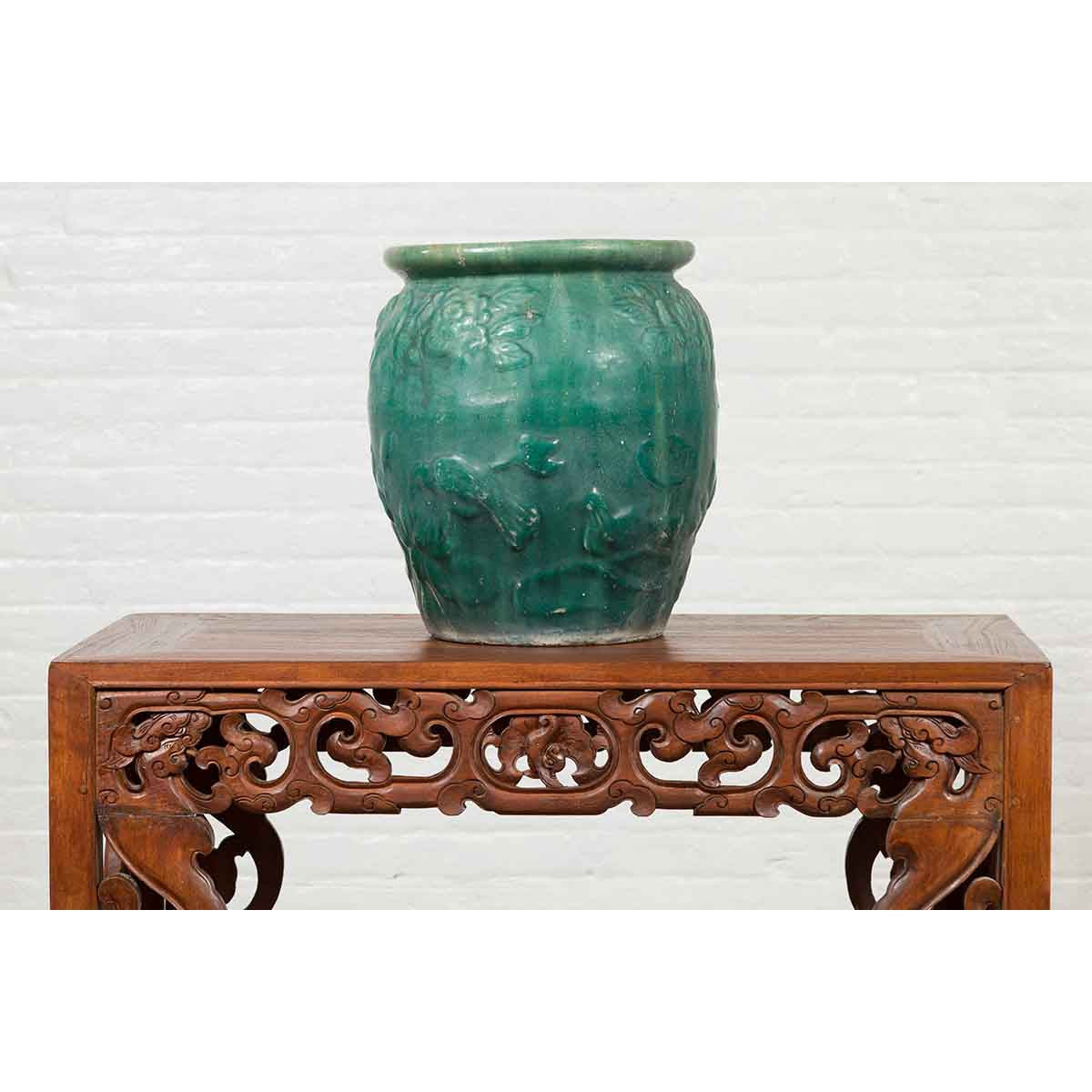 Chinese Vintage Green Glazed Vase with Raised Floral and Bird Motifs-5. Asian & Chinese Furniture, Art, Antiques, Vintage Home Décor for sale at FEA Home