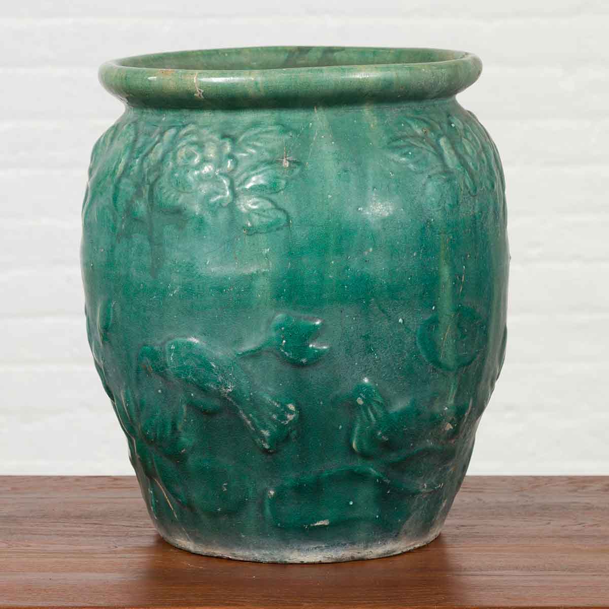 Chinese Vintage Green Glazed Vase with Raised Floral and Bird Motifs-2. Asian & Chinese Furniture, Art, Antiques, Vintage Home Décor for sale at FEA Home