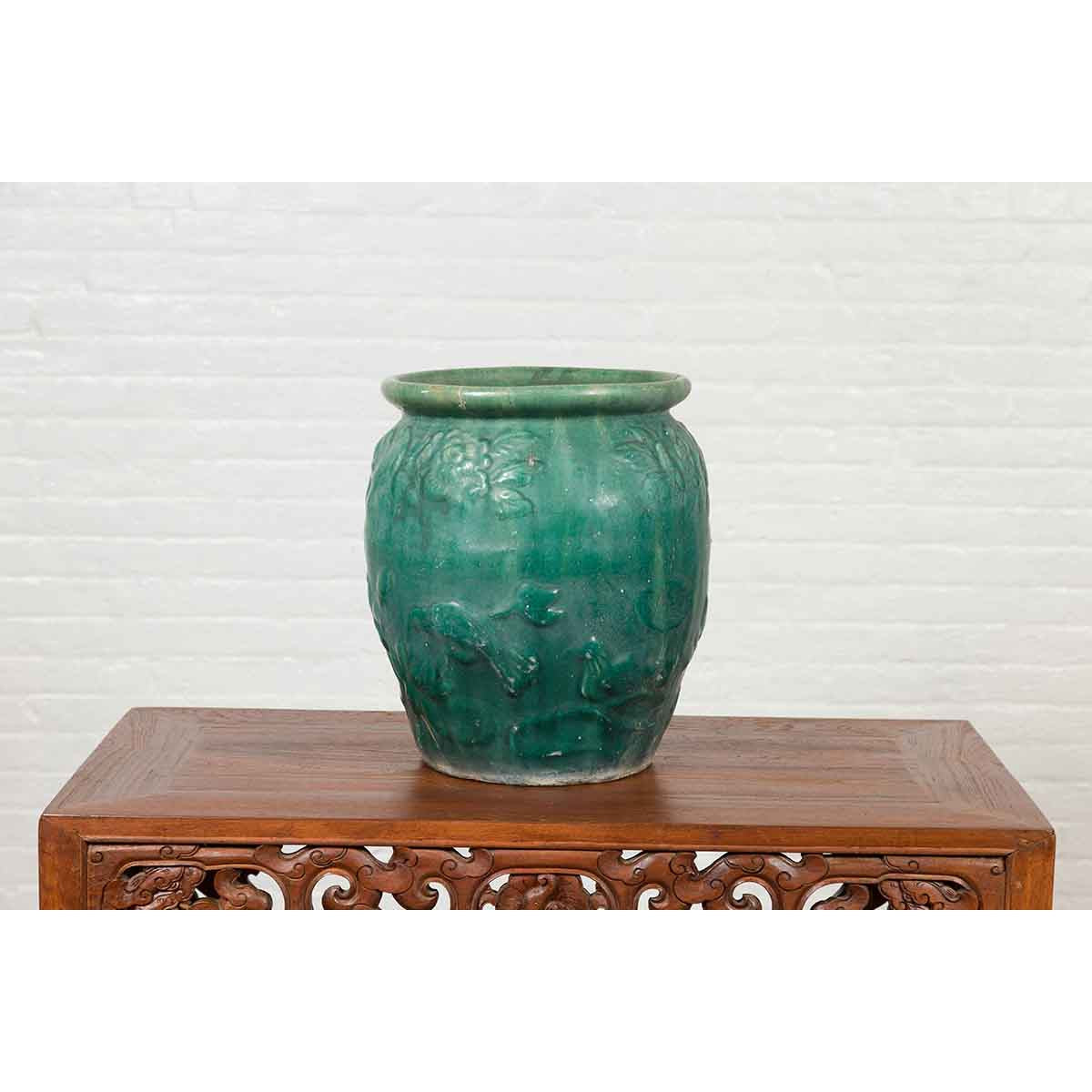 Chinese Vintage Green Glazed Vase with Raised Floral and Bird Motifs-6. Asian & Chinese Furniture, Art, Antiques, Vintage Home Décor for sale at FEA Home