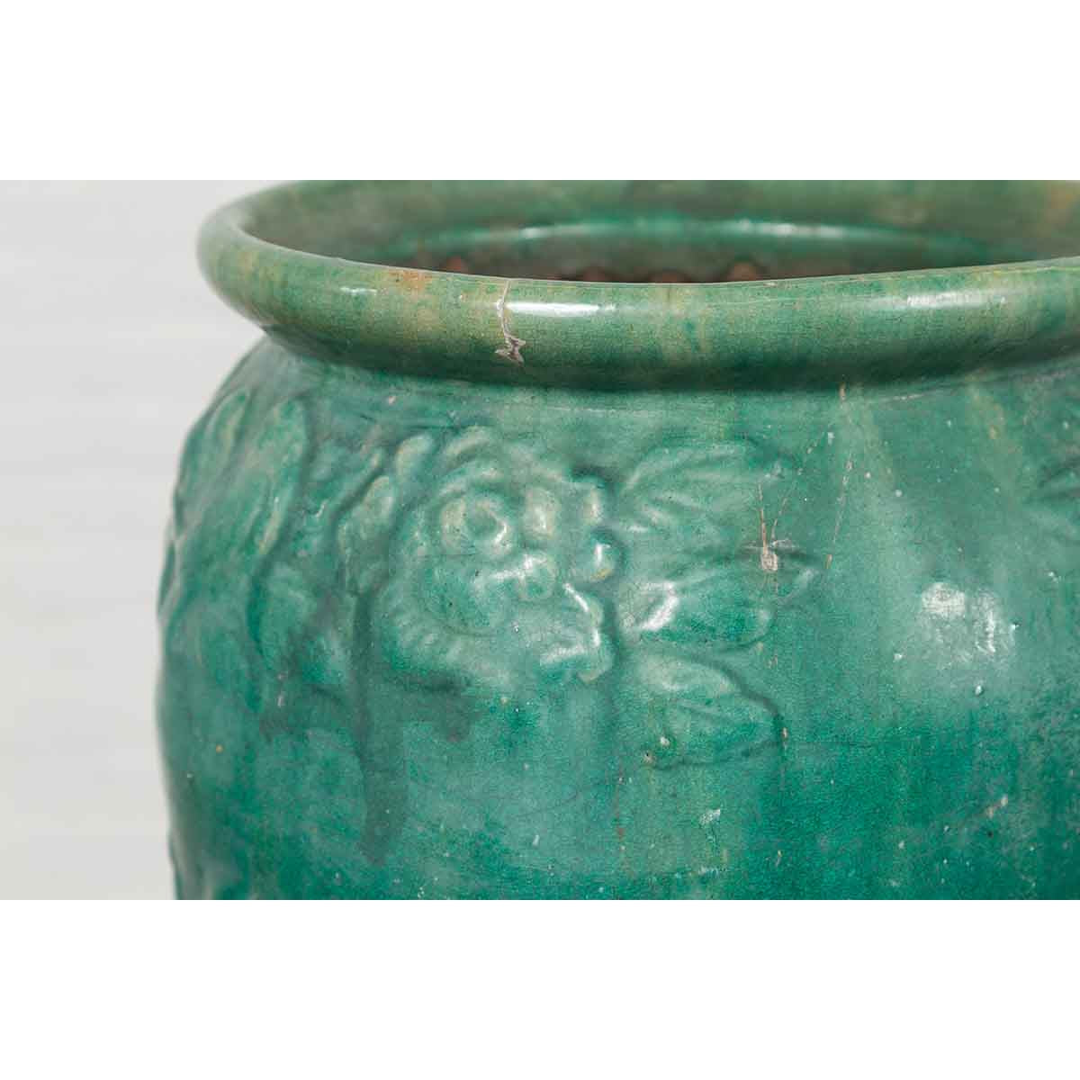 Chinese Vintage Green Glazed Vase with Raised Floral and Bird Motifs-8. Asian & Chinese Furniture, Art, Antiques, Vintage Home Décor for sale at FEA Home