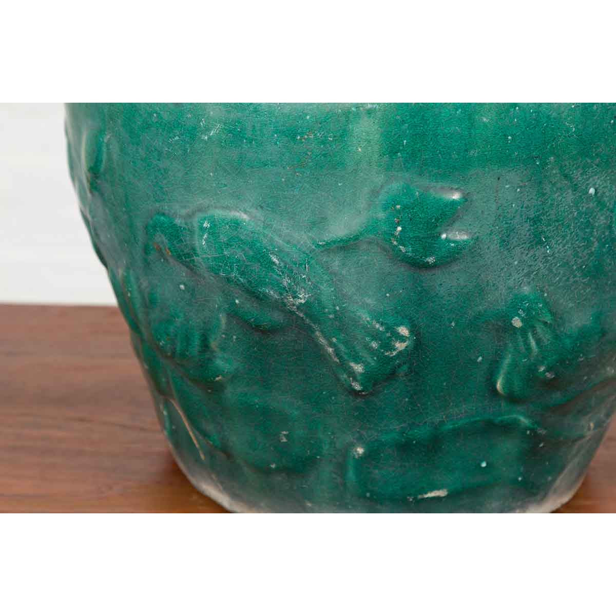 Chinese Vintage Green Glazed Vase with Raised Floral and Bird Motifs-9. Asian & Chinese Furniture, Art, Antiques, Vintage Home Décor for sale at FEA Home