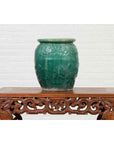 Chinese Vintage Green Glazed Vase with Raised Floral and Bird Motifs-4. Asian & Chinese Furniture, Art, Antiques, Vintage Home Décor for sale at FEA Home