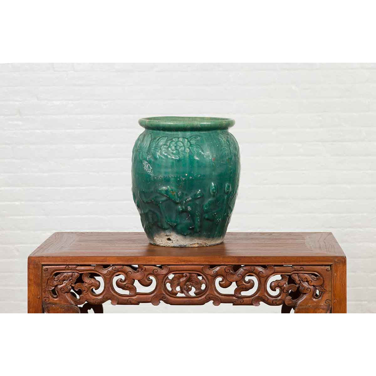 Chinese Vintage Green Glazed Vase with Raised Floral and Bird Motifs-10. Asian & Chinese Furniture, Art, Antiques, Vintage Home Décor for sale at FEA Home