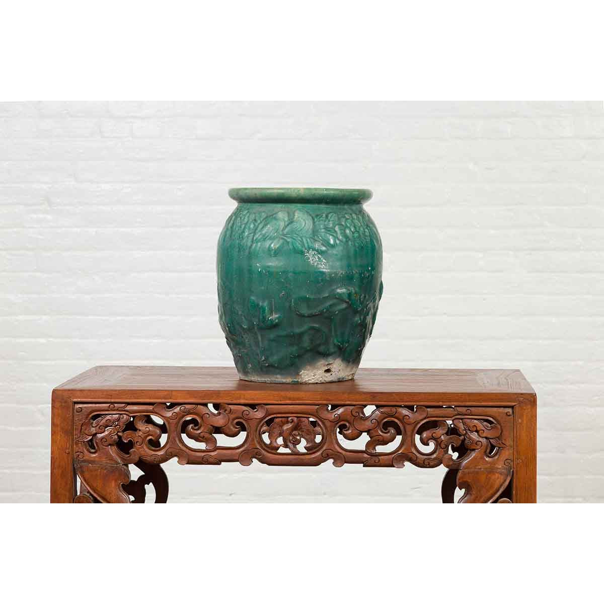 Chinese Vintage Green Glazed Vase with Raised Floral and Bird Motifs-11. Asian & Chinese Furniture, Art, Antiques, Vintage Home Décor for sale at FEA Home