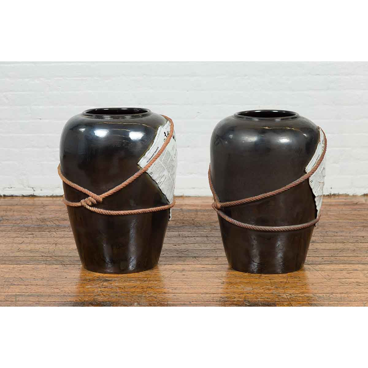 Large Thai Exterior Flower Vase with Black Patina, Rope and Newspaper Motifs-10. Asian & Chinese Furniture, Art, Antiques, Vintage Home Décor for sale at FEA Home
