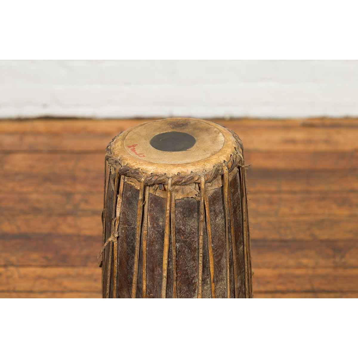 Antique Indonesian Slender Freestanding Wooden Drum with Leather Drumhead-6. Asian & Chinese Furniture, Art, Antiques, Vintage Home Décor for sale at FEA Home