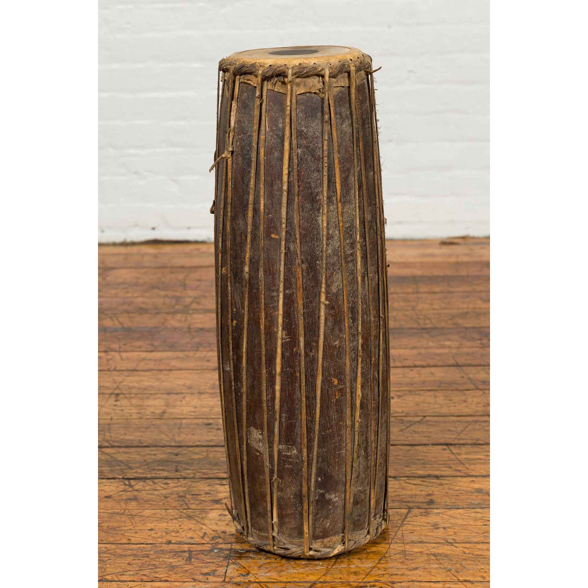 Antique Indonesian Slender Freestanding Wooden Drum with Leather Drumhead-4. Asian & Chinese Furniture, Art, Antiques, Vintage Home Décor for sale at FEA Home