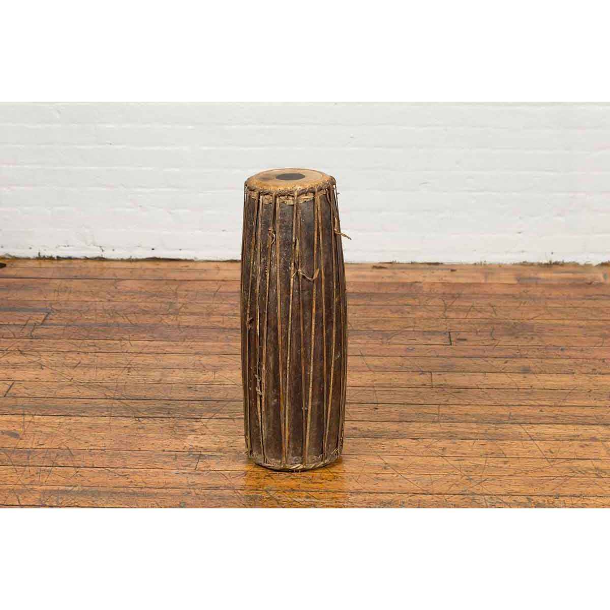 Antique Indonesian Slender Freestanding Wooden Drum with Leather Drumhead-7. Asian & Chinese Furniture, Art, Antiques, Vintage Home Décor for sale at FEA Home