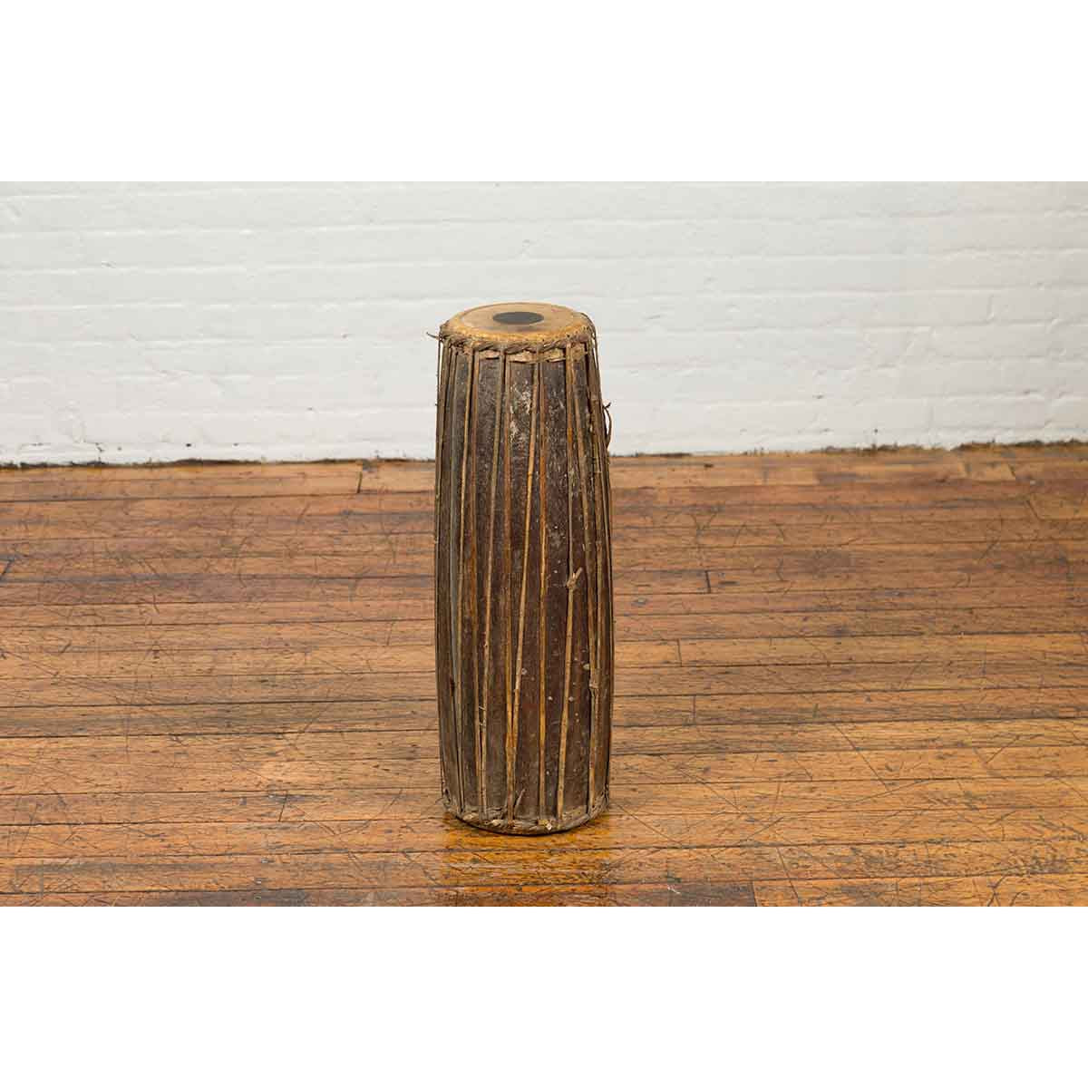 Antique Indonesian Slender Freestanding Wooden Drum with Leather Drumhead-8. Asian & Chinese Furniture, Art, Antiques, Vintage Home Décor for sale at FEA Home