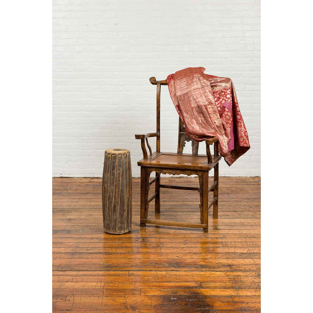 Antique Indonesian Slender Freestanding Wooden Drum with Leather Drumhead-3. Asian & Chinese Furniture, Art, Antiques, Vintage Home Décor for sale at FEA Home