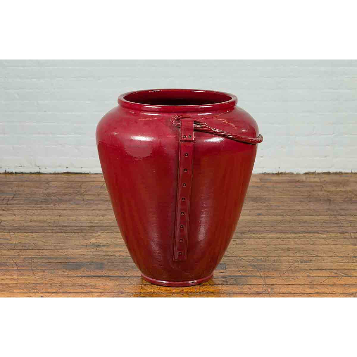 Contemporary Thai Oversized Oxblood Water Jar from Chiang Mai with Rope Design-7. Asian & Chinese Furniture, Art, Antiques, Vintage Home Décor for sale at FEA Home