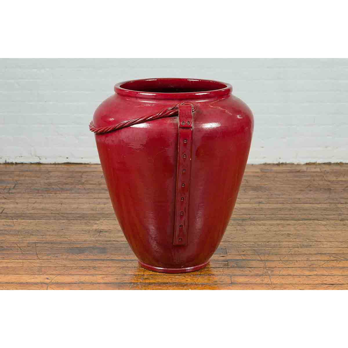 Contemporary Thai Oversized Oxblood Water Jar from Chiang Mai with Rope Design-9. Asian & Chinese Furniture, Art, Antiques, Vintage Home Décor for sale at FEA Home
