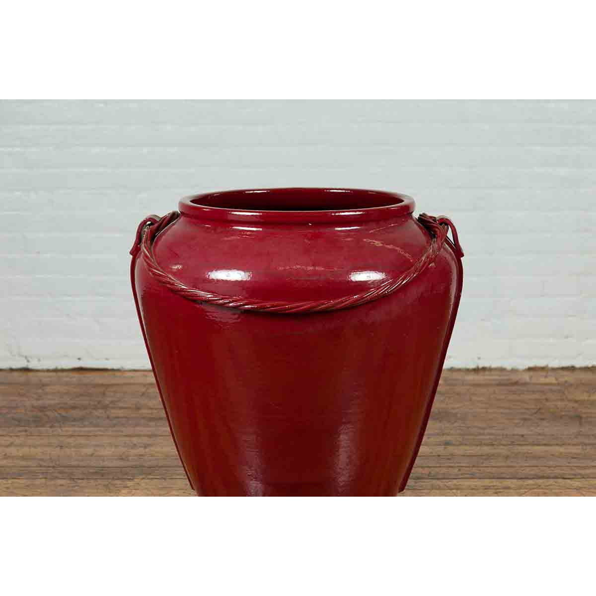 Contemporary Thai Oversized Oxblood Water Jar from Chiang Mai with Rope Design-3. Asian & Chinese Furniture, Art, Antiques, Vintage Home Décor for sale at FEA Home