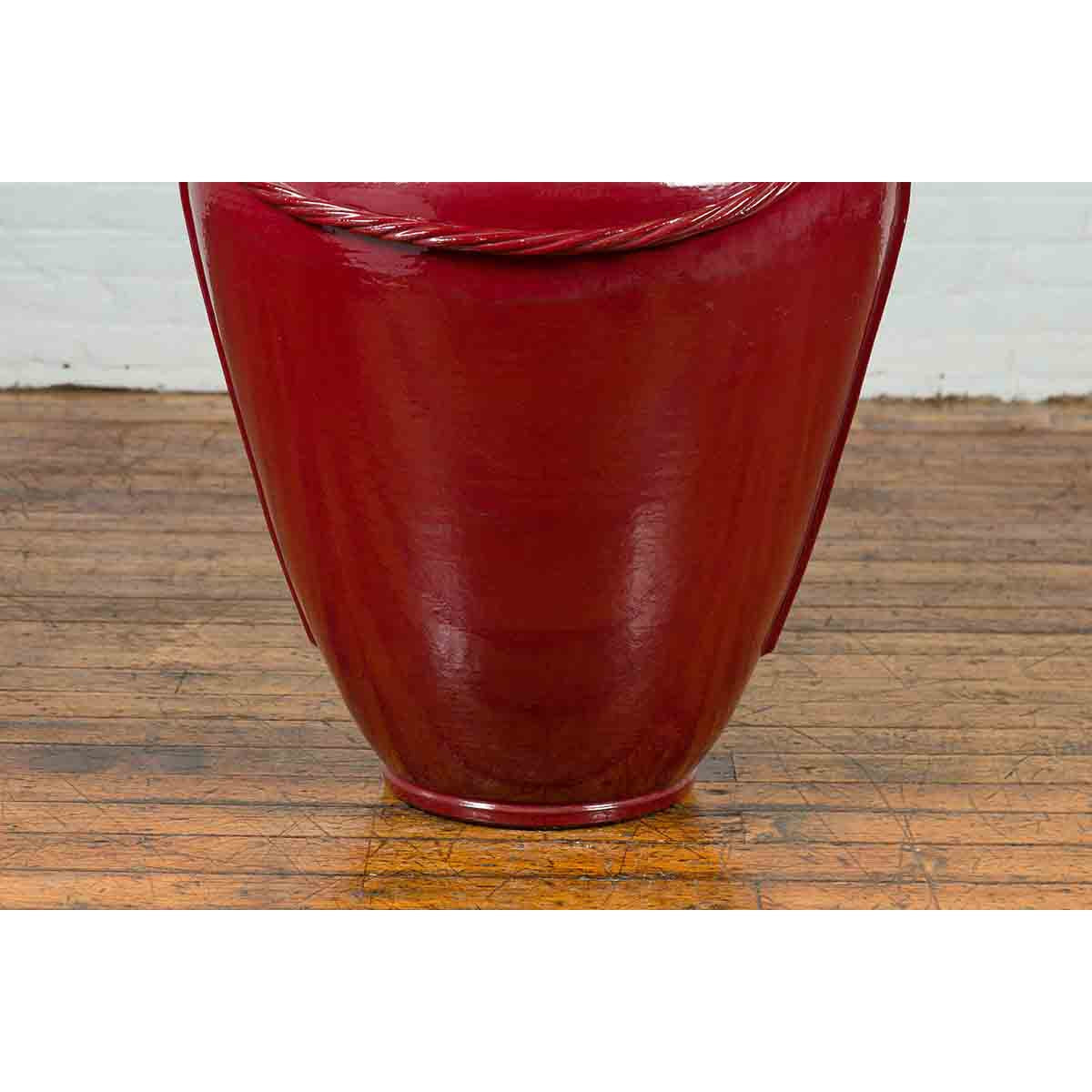 Contemporary Thai Oversized Oxblood Water Jar from Chiang Mai with Rope Design-4. Asian & Chinese Furniture, Art, Antiques, Vintage Home Décor for sale at FEA Home