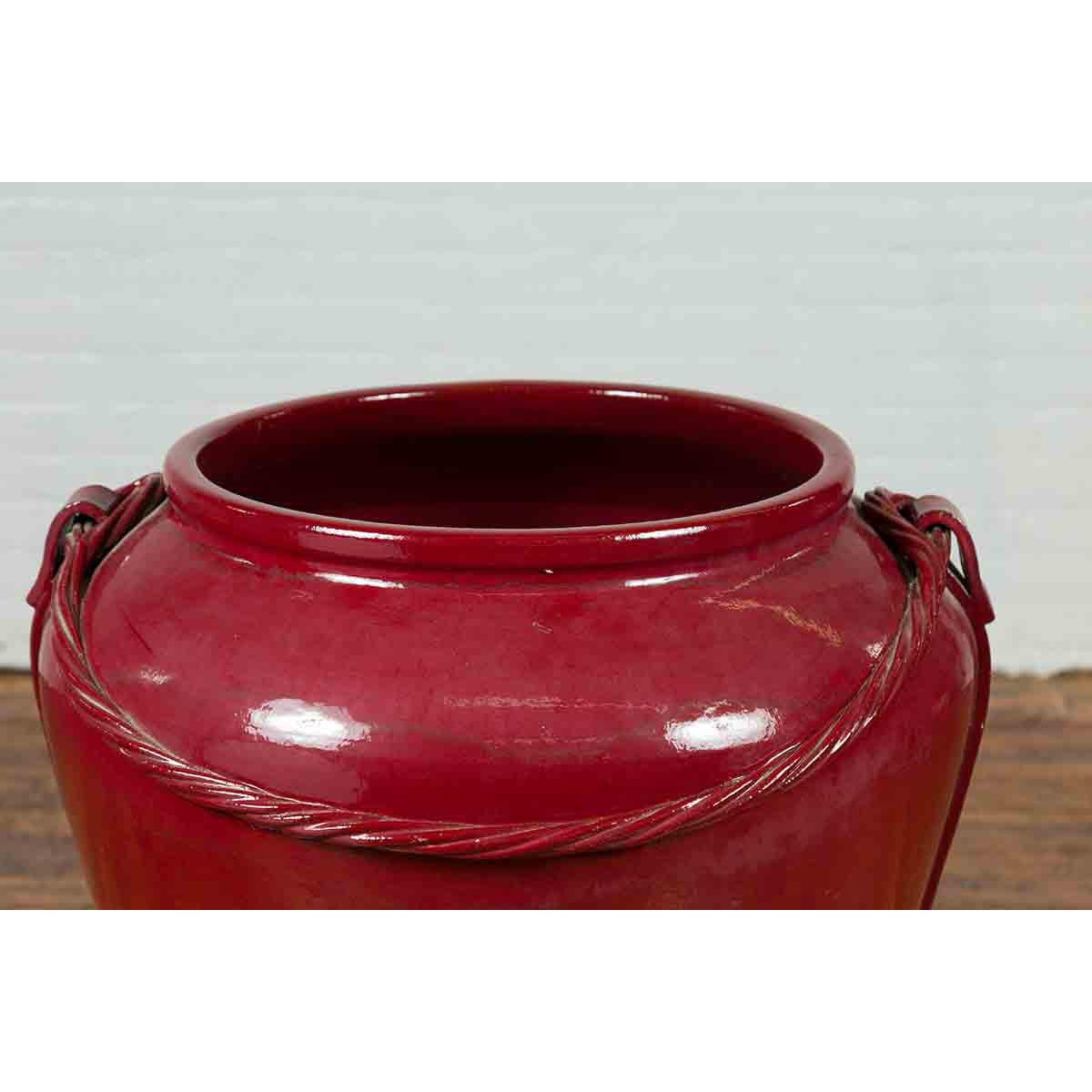 Contemporary Thai Oversized Oxblood Water Jar from Chiang Mai with Rope Design-5. Asian & Chinese Furniture, Art, Antiques, Vintage Home Décor for sale at FEA Home