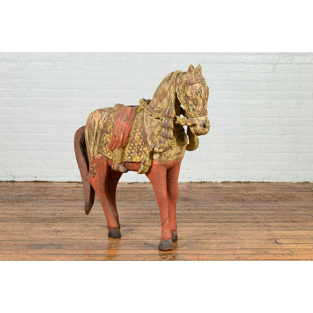 Vintage Indian Carved Wooden Horse from Madras with Yellow and Red Patina-9. Asian & Chinese Furniture, Art, Antiques, Vintage Home Décor for sale at FEA Home