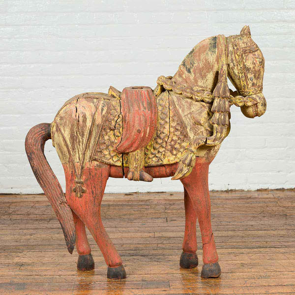 Hotsell Vintage Wooden Decorative Horse Sculpture | White Painted Horse statue on Iron Stand Flat Wooden Base | Rare Indian Collectible with Patina