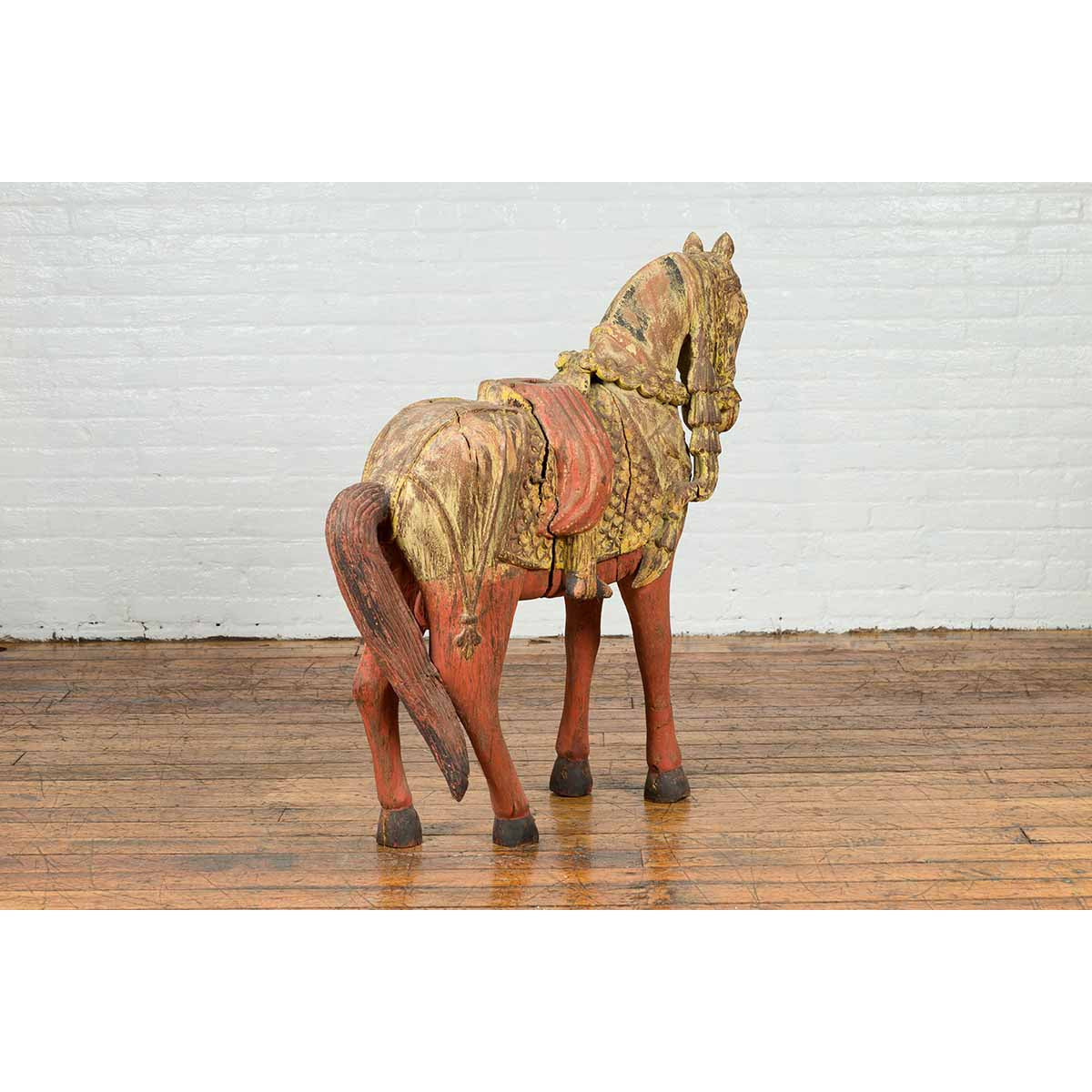 Vintage Indian Carved Wooden Horse from Madras with Yellow and Red Patina-10. Asian & Chinese Furniture, Art, Antiques, Vintage Home Décor for sale at FEA Home