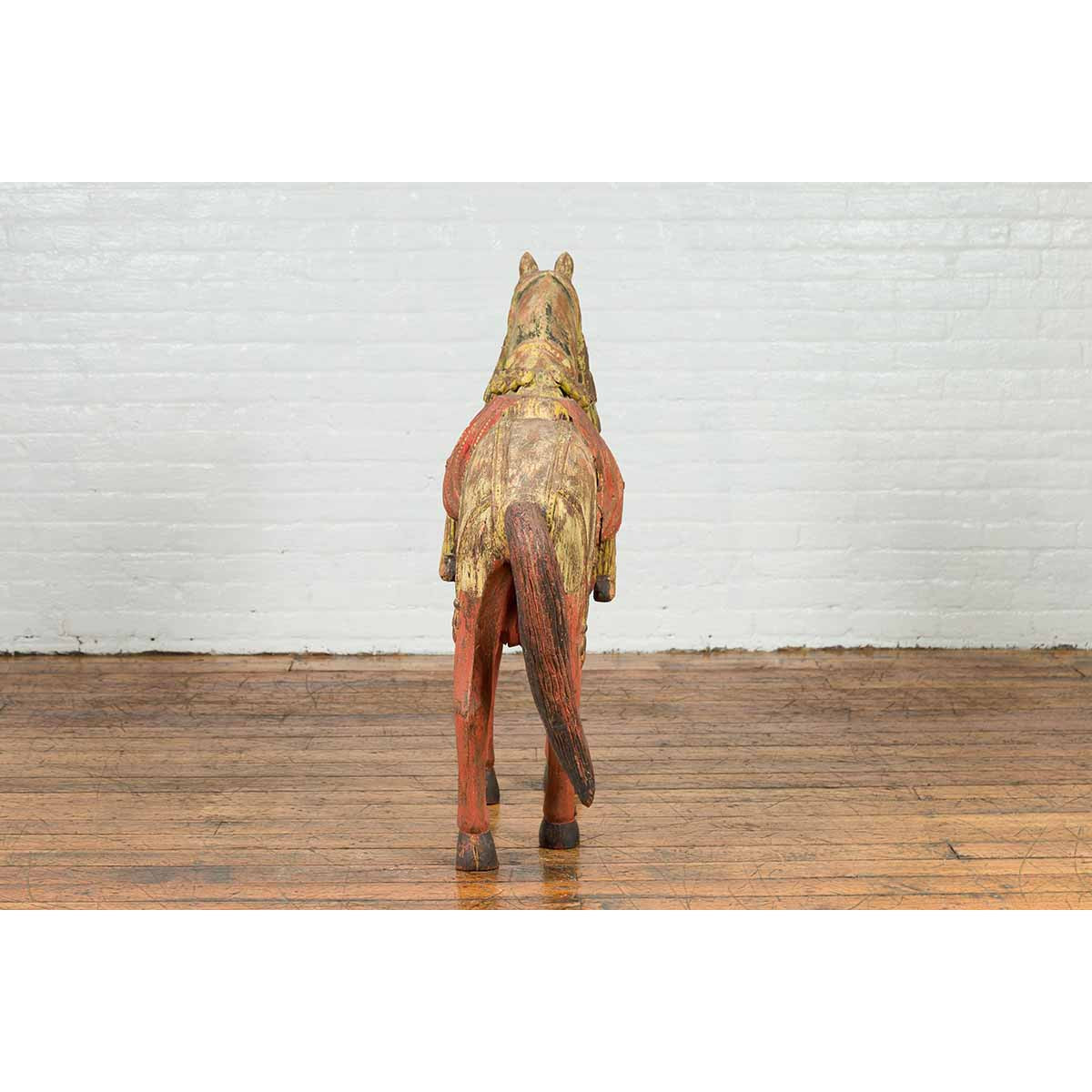 Vintage Indian Carved Wooden Horse from Madras with Yellow and Red Patina-11. Asian & Chinese Furniture, Art, Antiques, Vintage Home Décor for sale at FEA Home