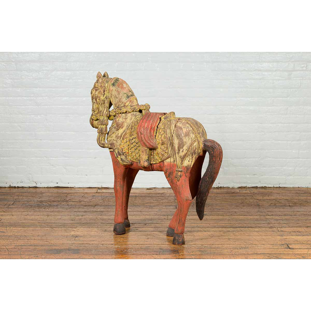 Vintage Indian Carved Wooden Horse from Madras with Yellow and Red Patina-12. Asian & Chinese Furniture, Art, Antiques, Vintage Home Décor for sale at FEA Home
