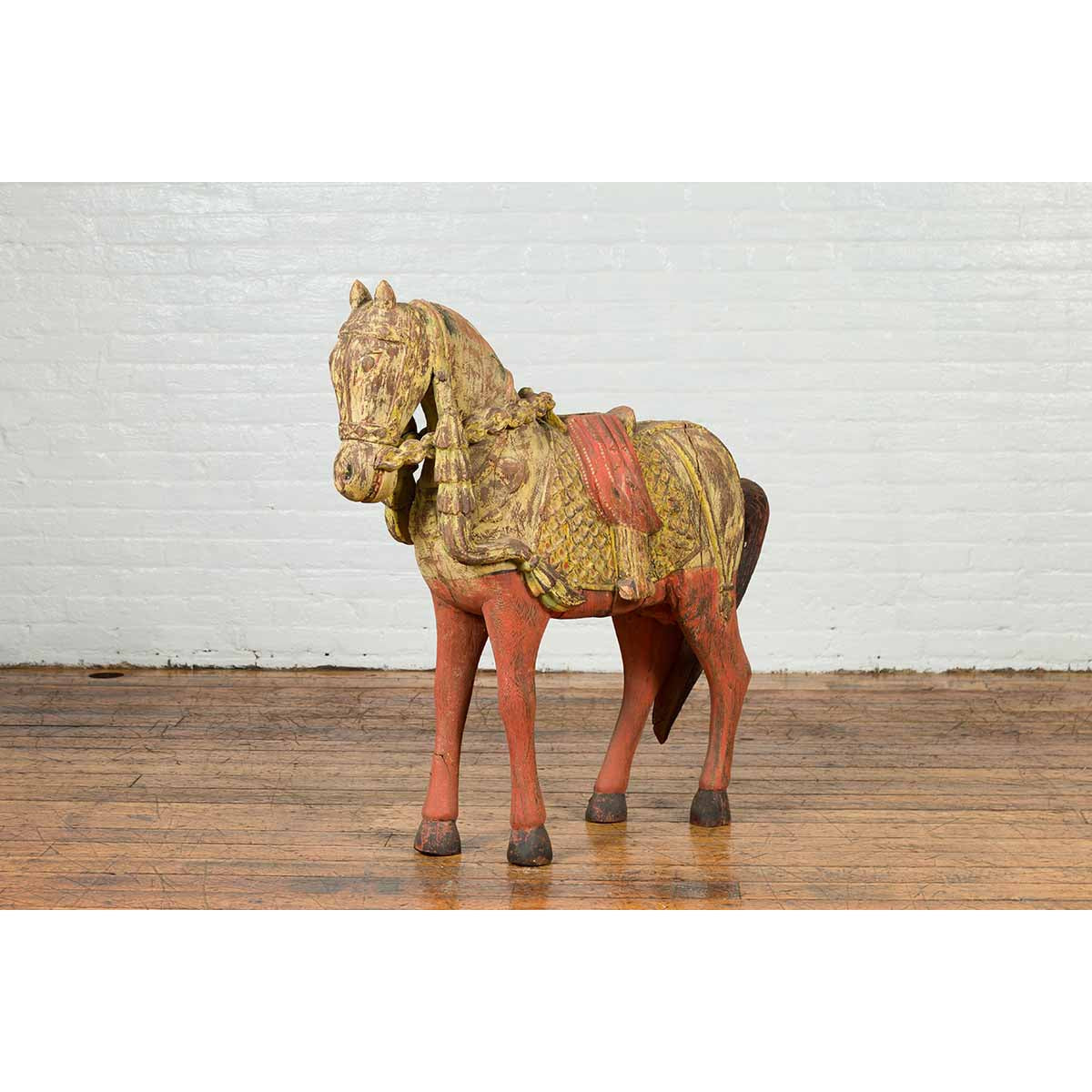 Vintage Indian Carved Wooden Horse from Madras with Yellow and Red Patina-13. Asian & Chinese Furniture, Art, Antiques, Vintage Home Décor for sale at FEA Home