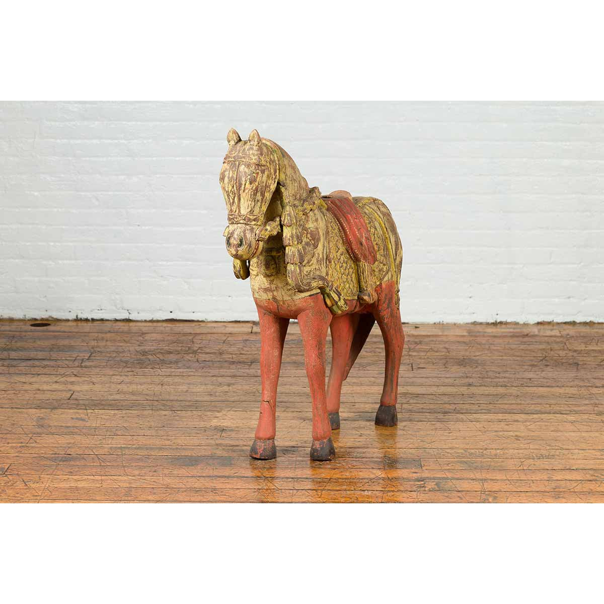 Vintage Indian Carved Wooden Horse from Madras with Yellow and Red Patina-3. Asian & Chinese Furniture, Art, Antiques, Vintage Home Décor for sale at FEA Home