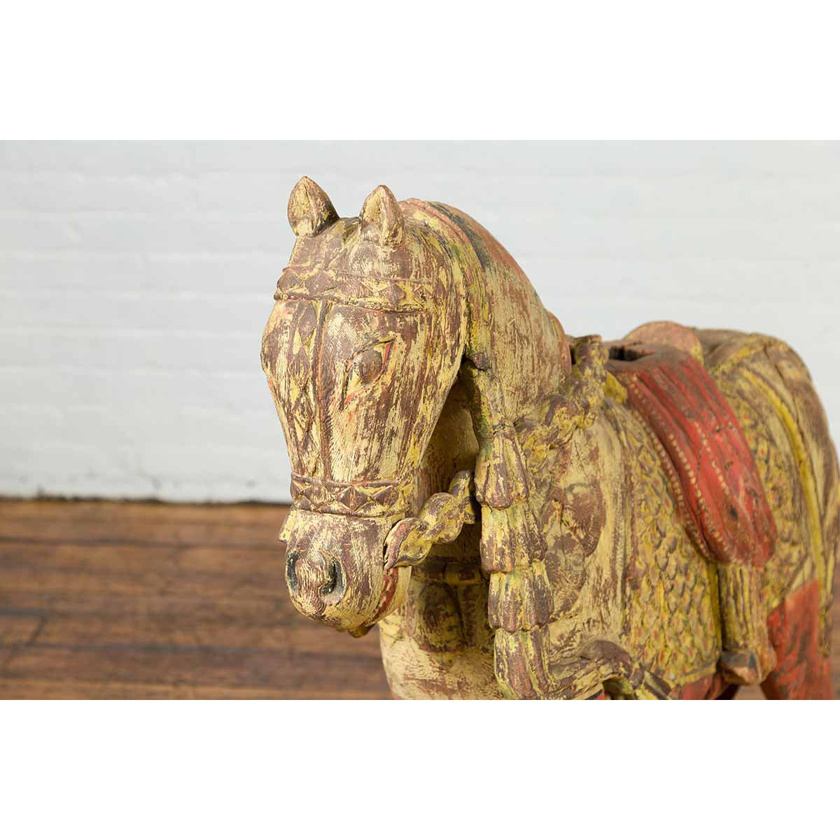 Vintage Indian Carved Wooden Horse from Madras with Yellow and Red Patina-5. Asian & Chinese Furniture, Art, Antiques, Vintage Home Décor for sale at FEA Home