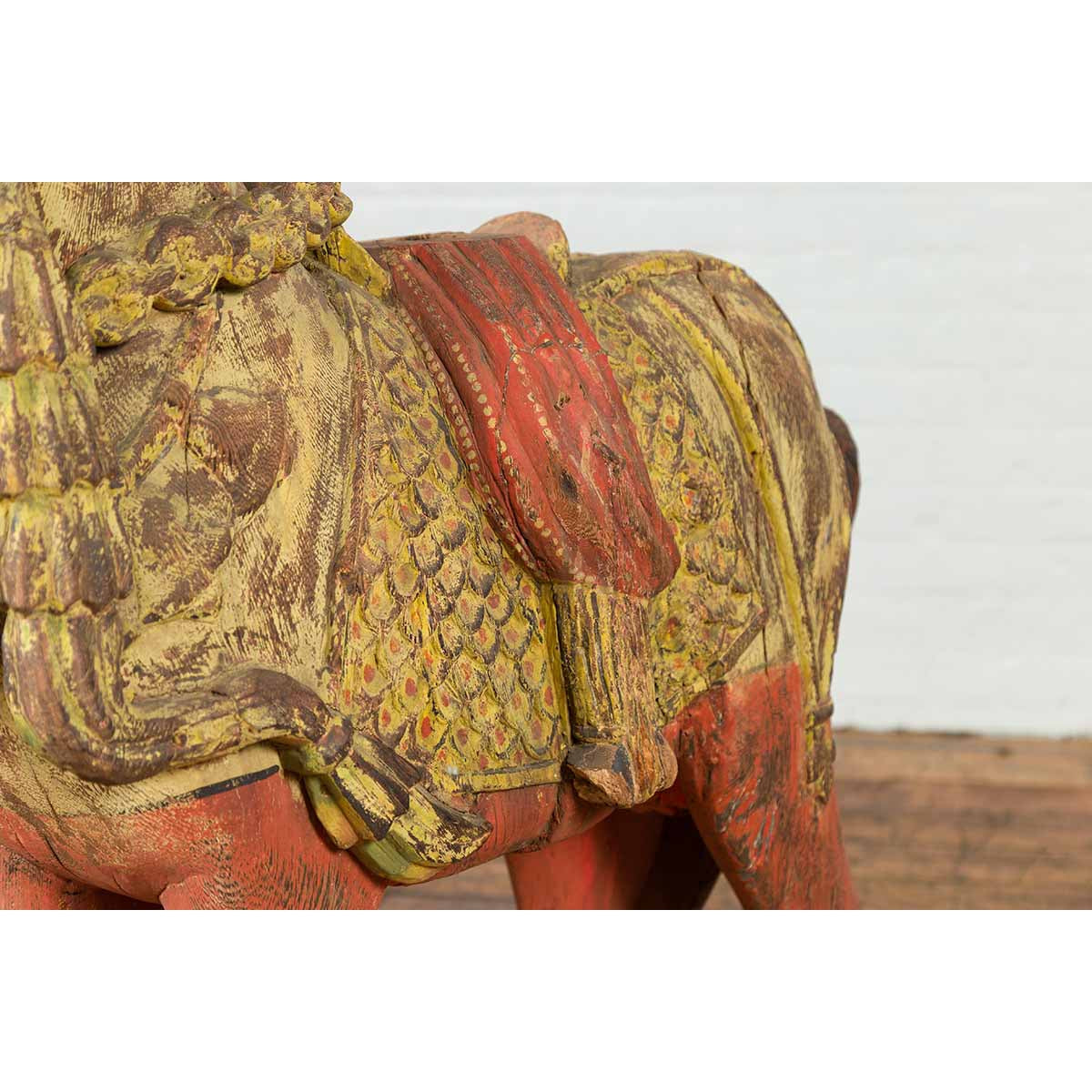 Vintage Indian Carved Wooden Horse from Madras with Yellow and Red Patina-6. Asian & Chinese Furniture, Art, Antiques, Vintage Home Décor for sale at FEA Home