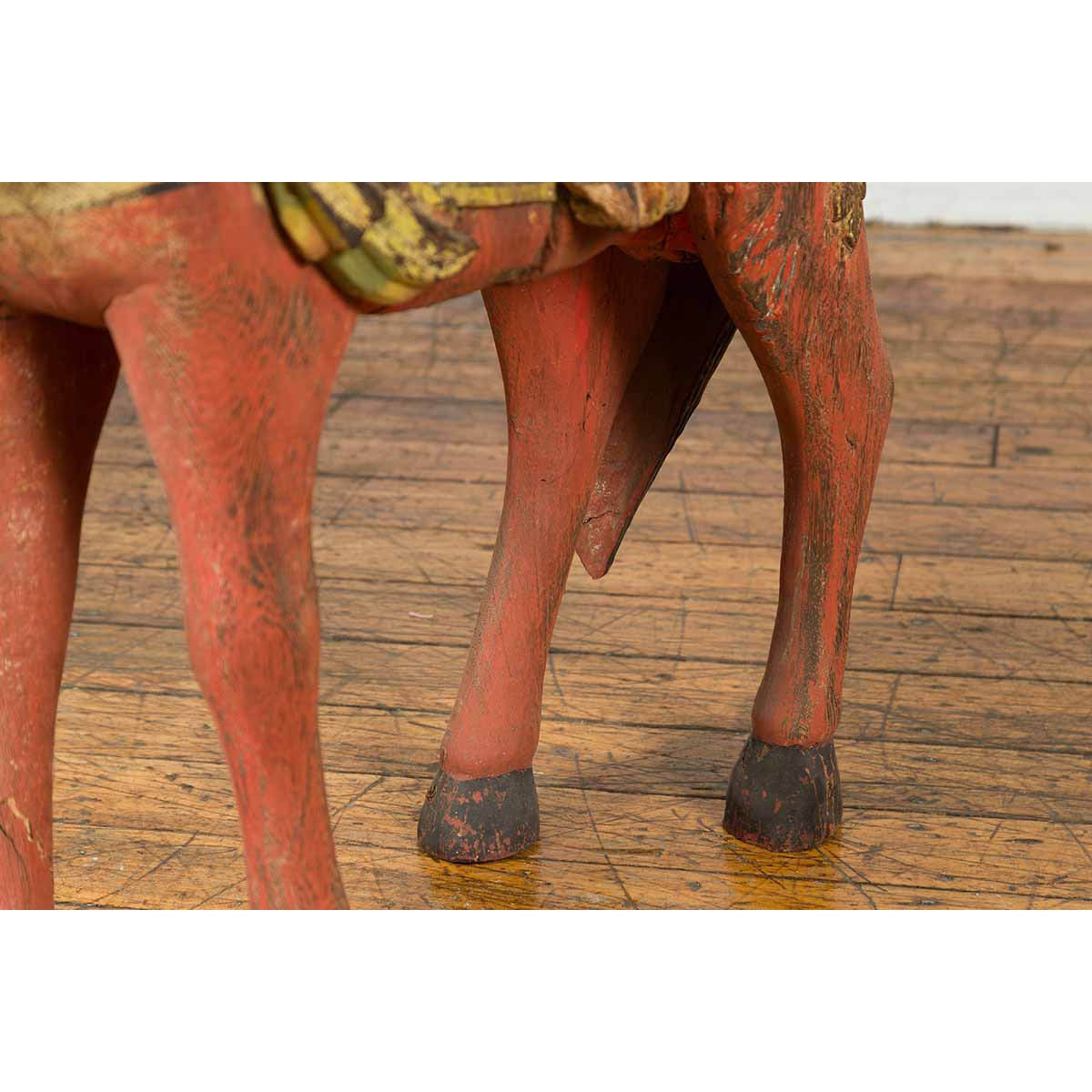 Vintage Indian Carved Wooden Horse from Madras with Yellow and Red Patina-7. Asian & Chinese Furniture, Art, Antiques, Vintage Home Décor for sale at FEA Home