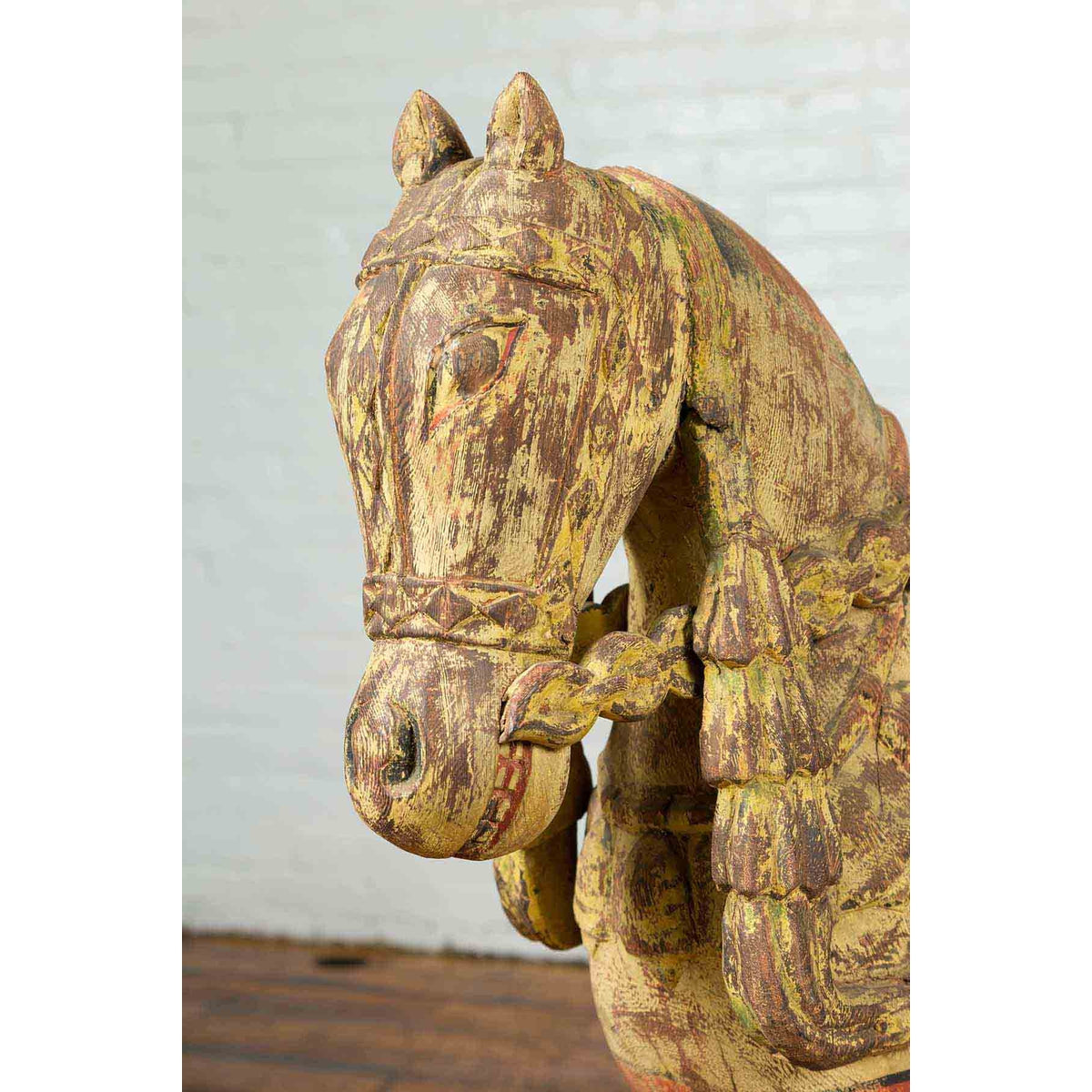 Vintage Indian Carved Wooden Horse from Madras with Yellow and Red Patina-4. Asian & Chinese Furniture, Art, Antiques, Vintage Home Décor for sale at FEA Home