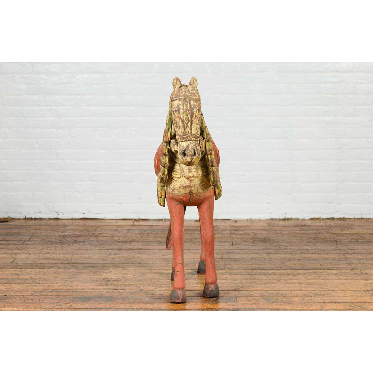 Vintage Indian Carved Wooden Horse from Madras with Yellow and Red Patina-8. Asian & Chinese Furniture, Art, Antiques, Vintage Home Décor for sale at FEA Home