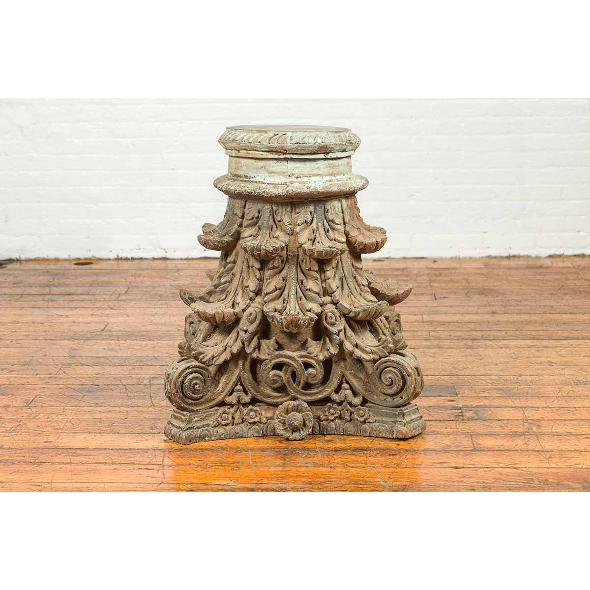 Indian Antique Corinthian Temple Capital Carving with Distressed Patina-4. Asian & Chinese Furniture, Art, Antiques, Vintage Home Décor for sale at FEA Home