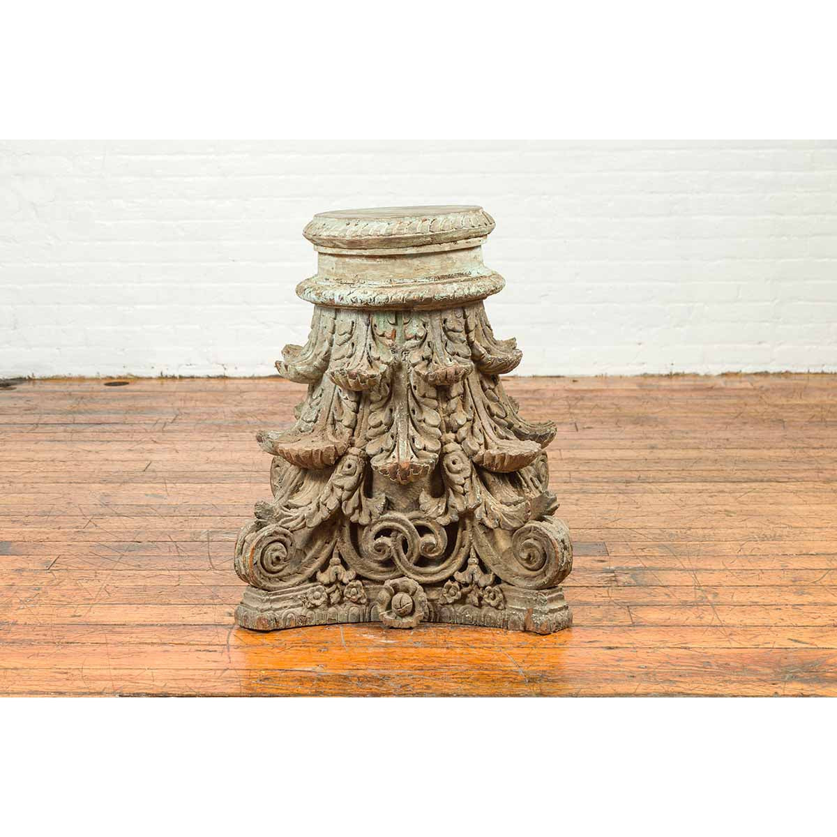 Indian Antique Corinthian Temple Capital Carving with Distressed Patina-5. Asian & Chinese Furniture, Art, Antiques, Vintage Home Décor for sale at FEA Home