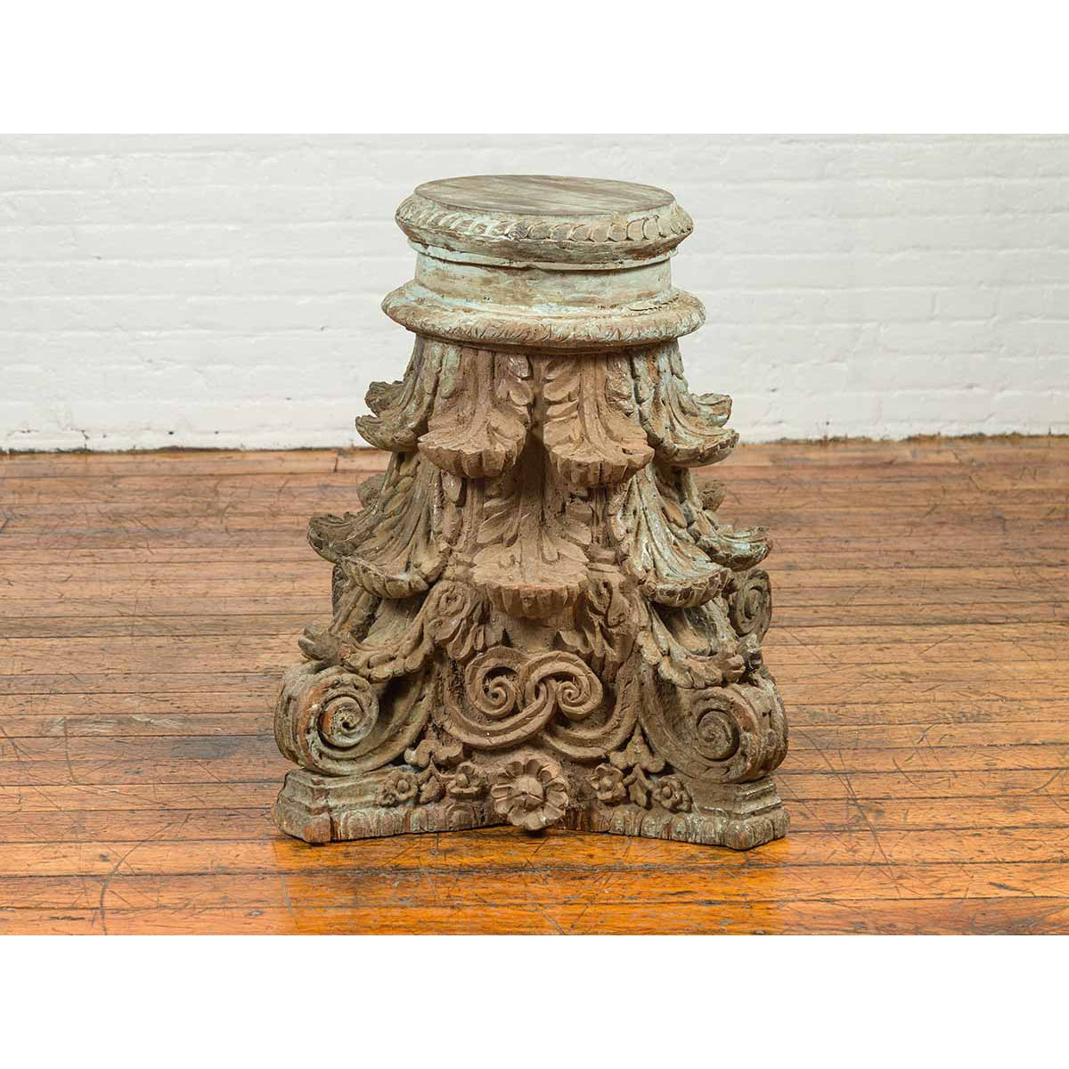 Indian Antique Corinthian Temple Capital Carving with Distressed Patina-12. Asian & Chinese Furniture, Art, Antiques, Vintage Home Décor for sale at FEA Home
